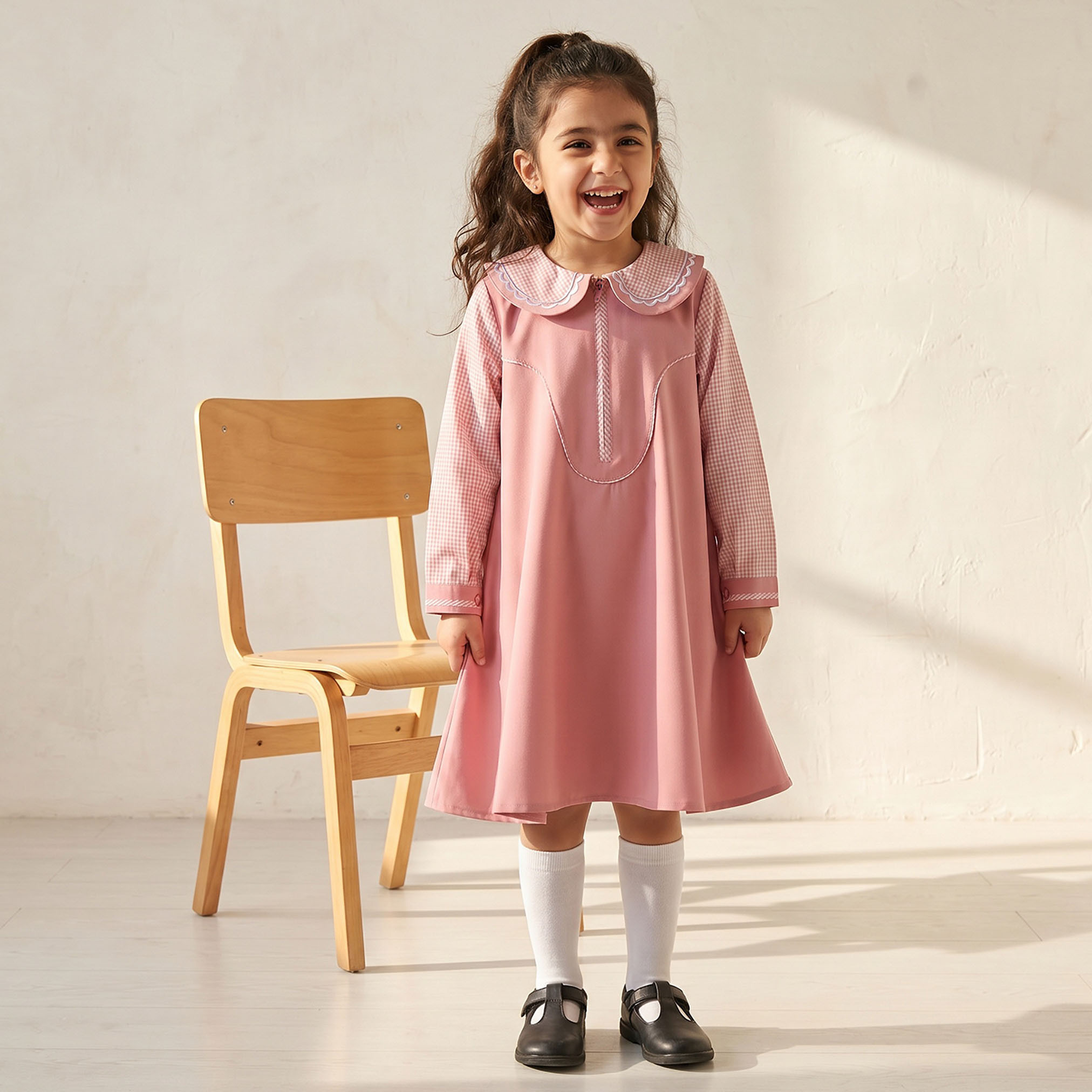 Juniors Pink School Dress with Long Sleeves - Girls-girls-clothing-schoolwear-dresses-image-1