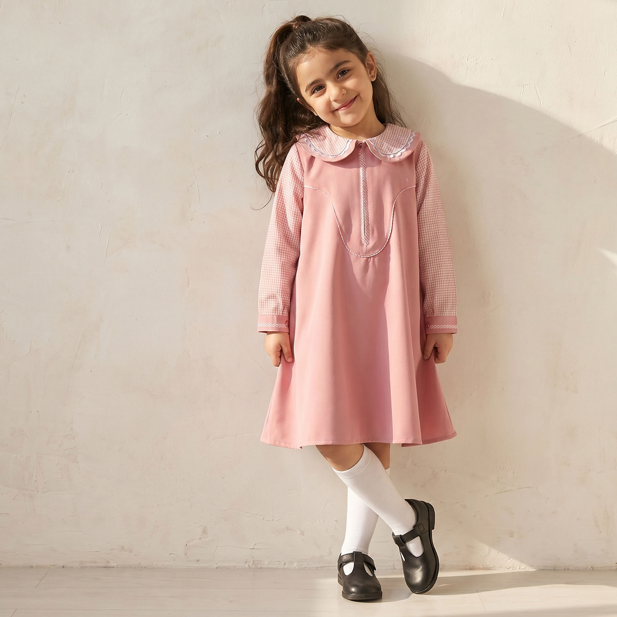 Juniors Pink School Dress with Long Sleeves - Girls-girls-clothing-schoolwear-dresses-image-4