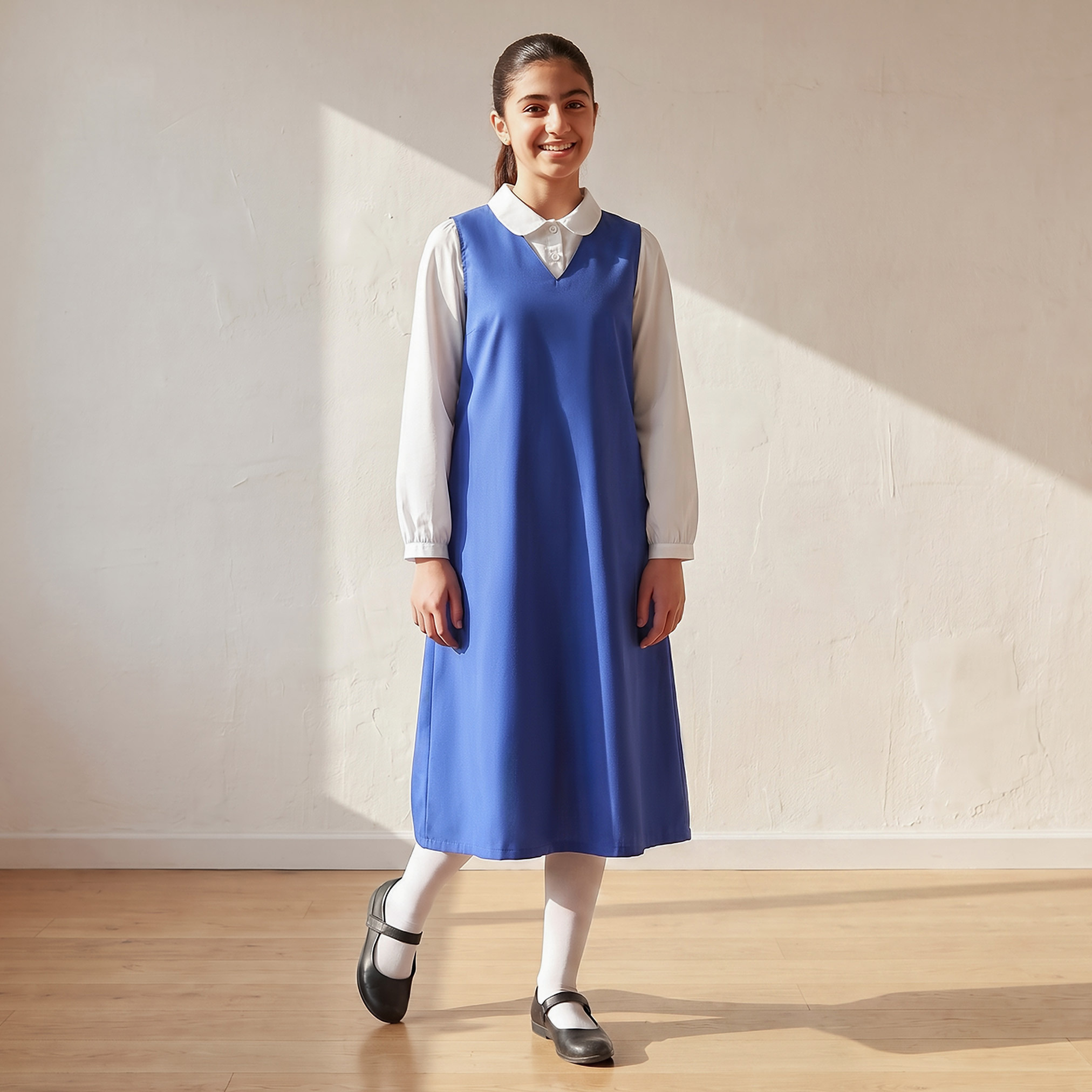 مريلة مدرسية زرقاء داكنة بياقة V من جونيورز - للبنات-girls-clothing-schoolwear-dresses-image-1