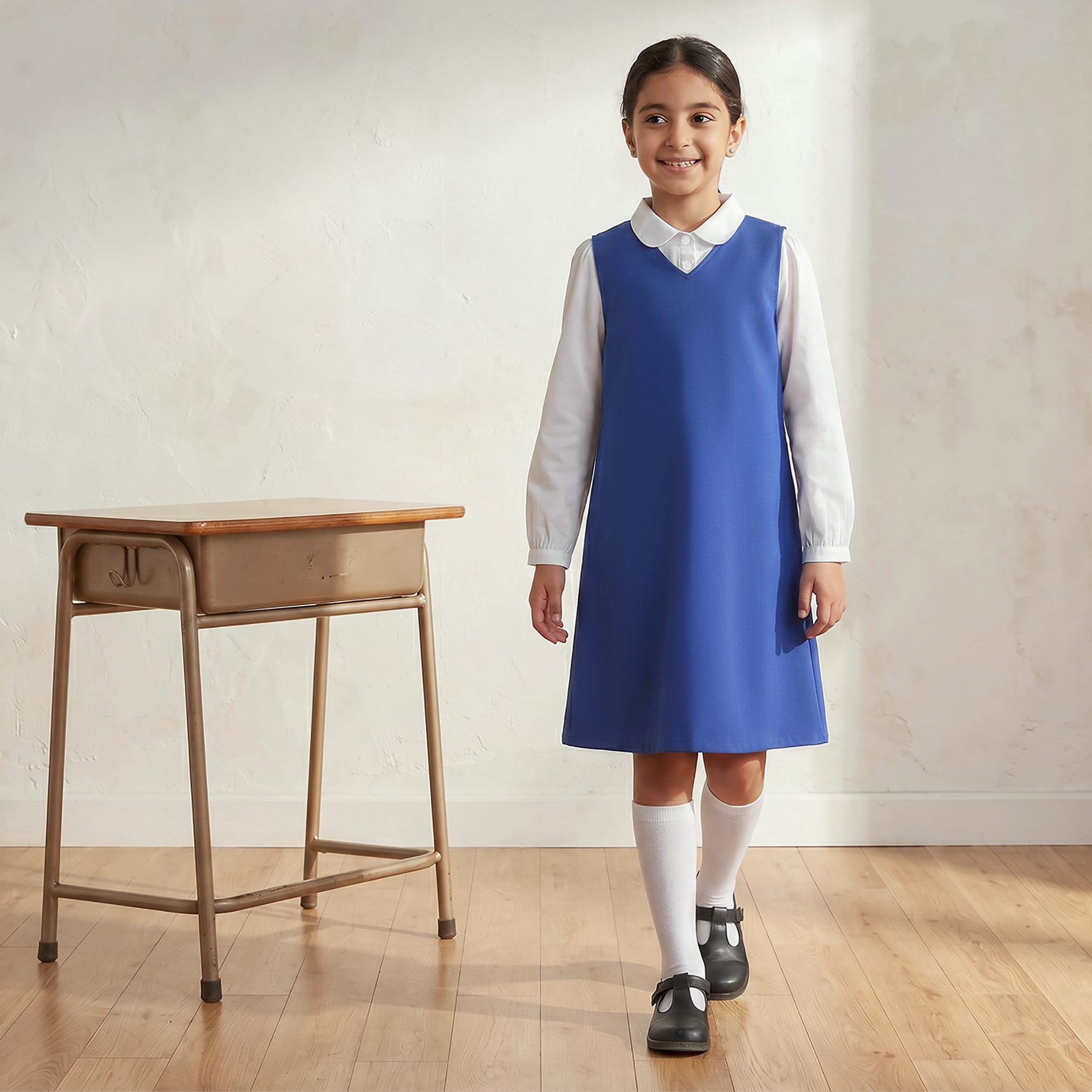 Juniors Blue Pinafore Dress with V-neck - Girls-girls-clothing-schoolwear-dresses-image-1