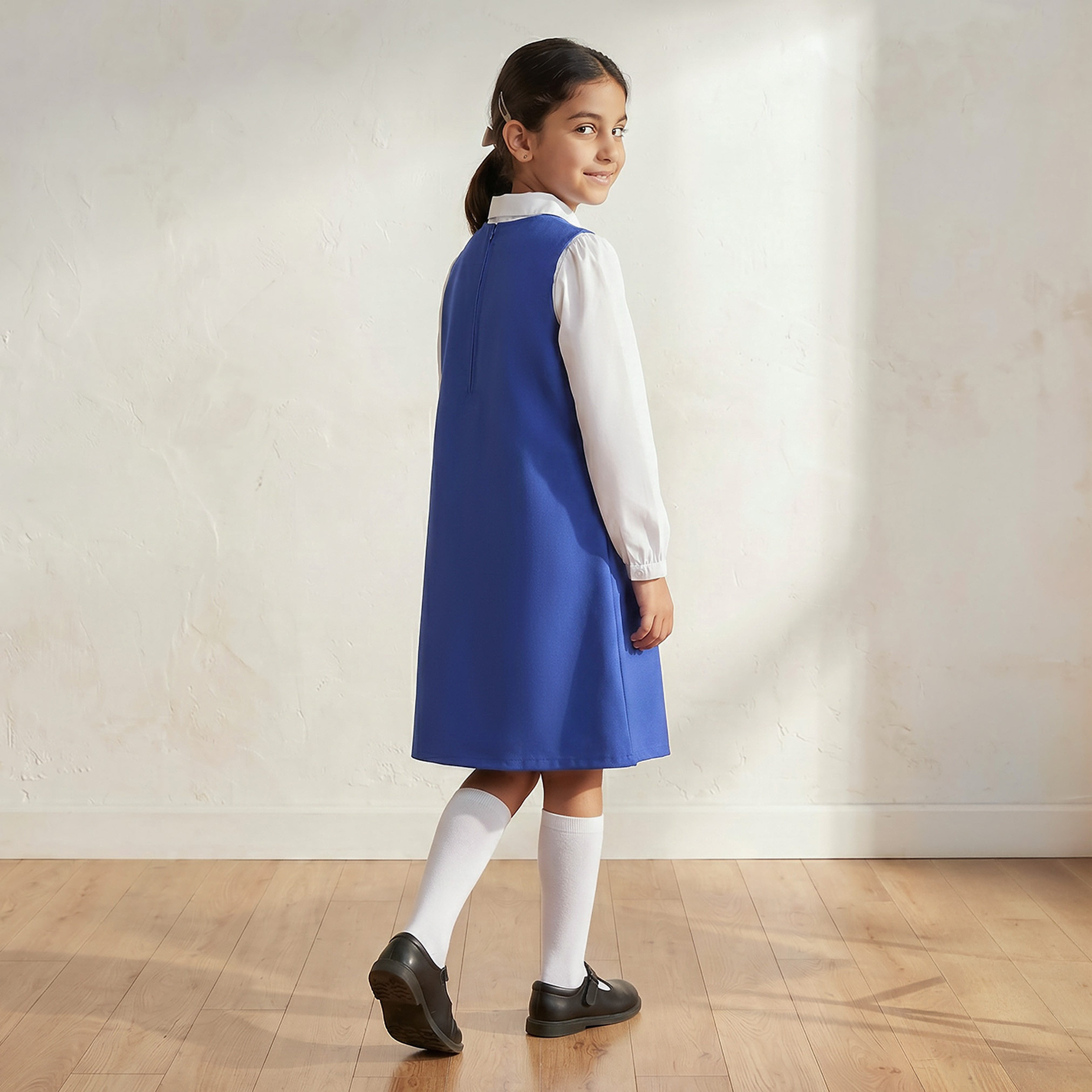 Juniors Blue Pinafore Dress with V-neck - Girls-girls-clothing-schoolwear-dresses-image-2