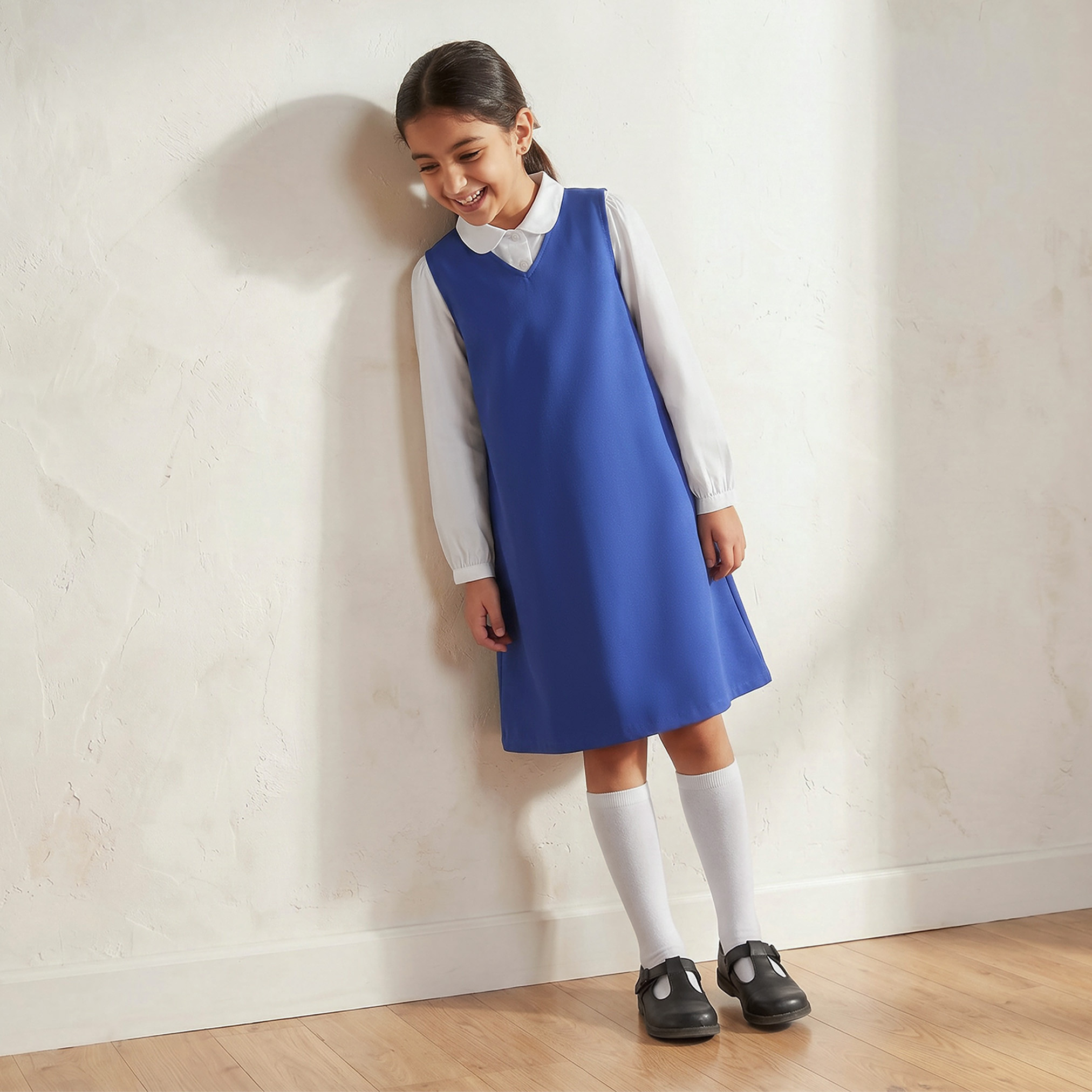 Juniors Blue Pinafore Dress with V-neck - Girls-girls-clothing-schoolwear-dresses-image-4