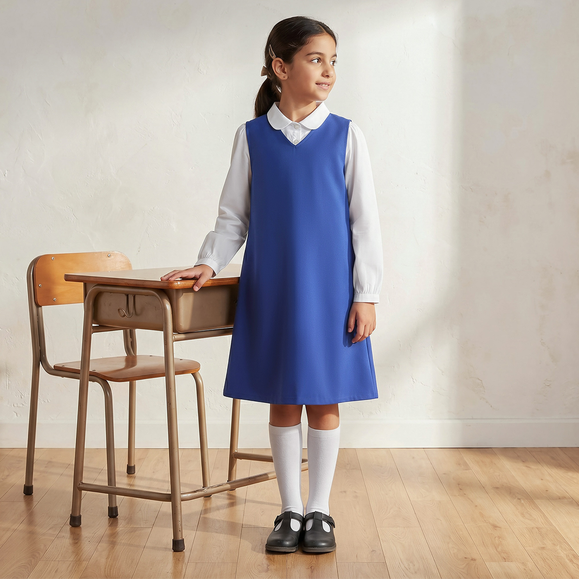 Juniors Blue Pinafore Dress with V-neck - Girls-girls-clothing-schoolwear-dresses-image-5