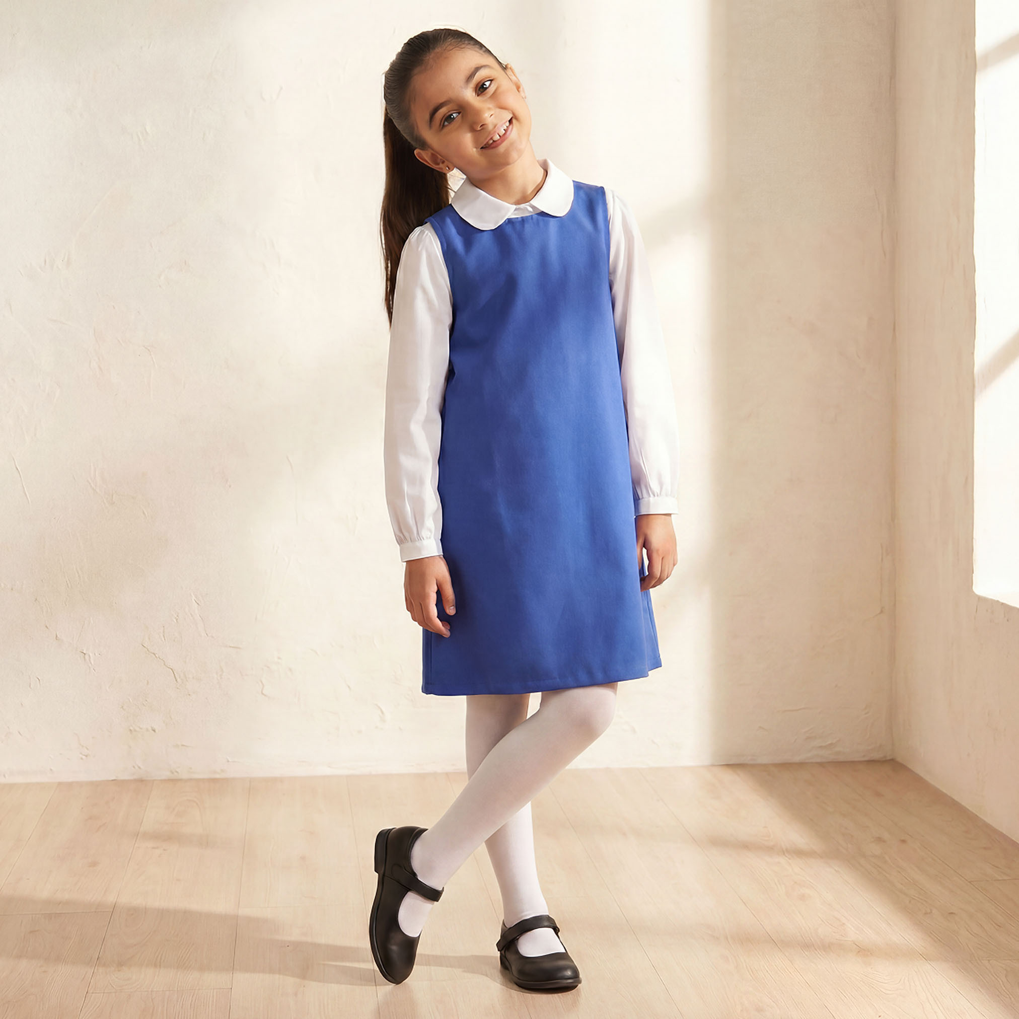 Juniors Blue School Pinafore with Round Neck - Girls-girls-clothing-schoolwear-dresses-image-1
