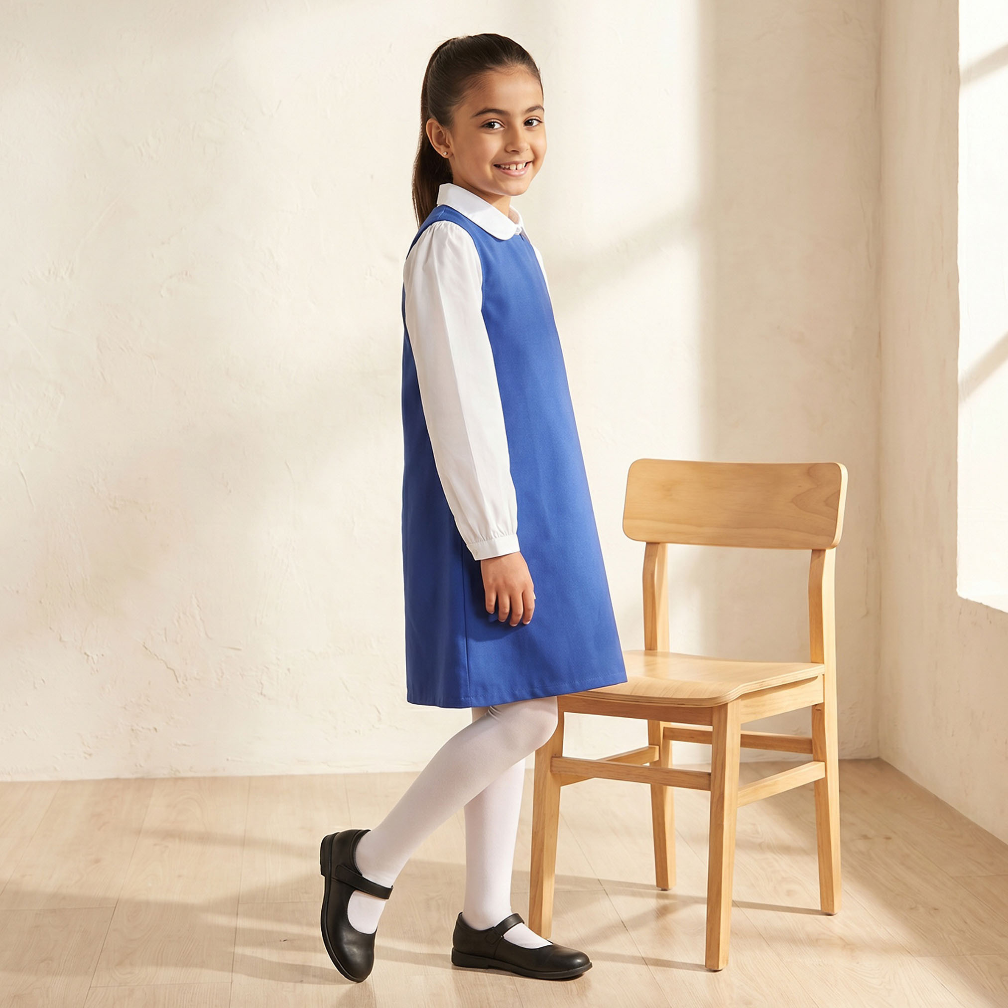 Juniors Blue School Pinafore with Round Neck - Girls-girls-clothing-schoolwear-dresses-image-4