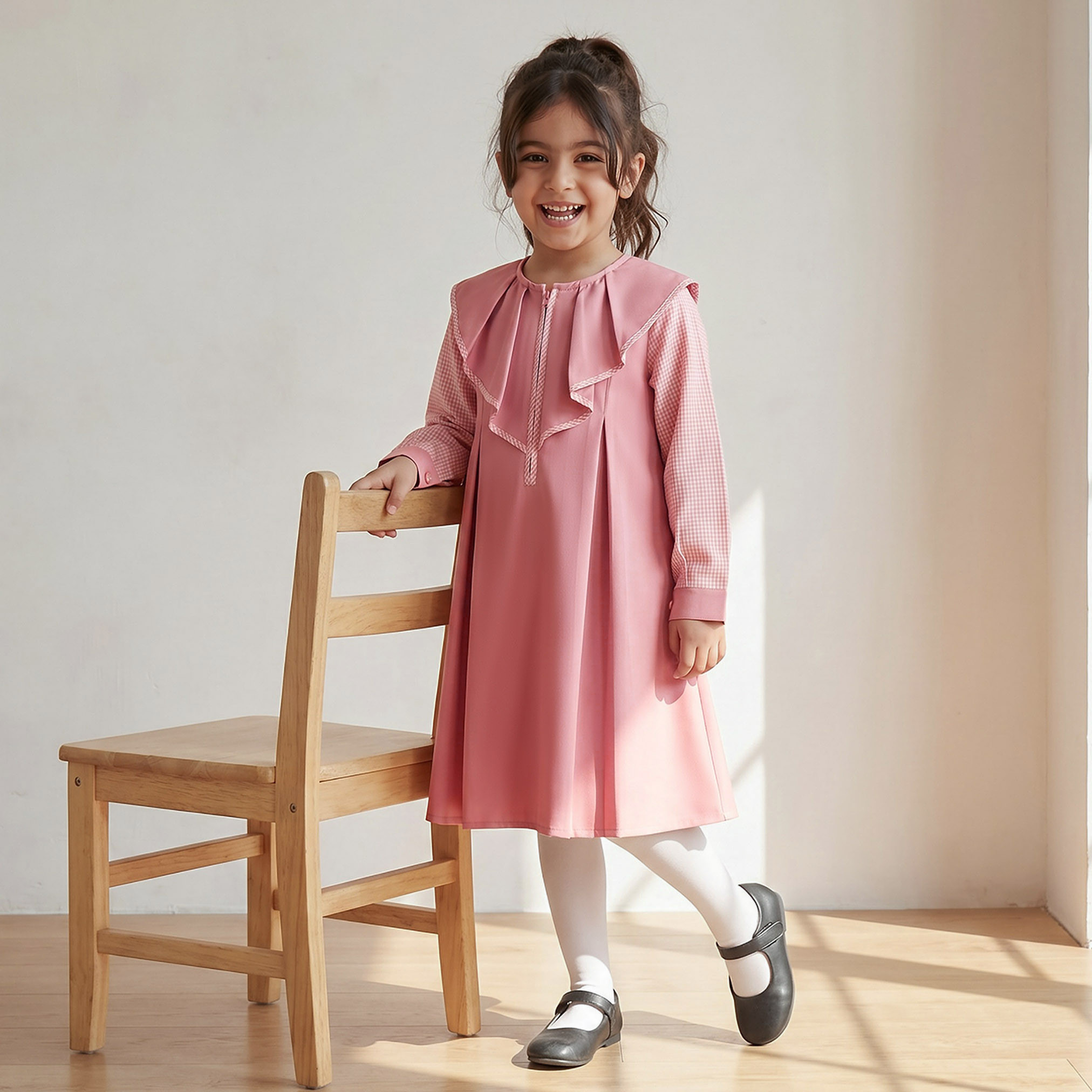 فستان وردي إيه لاين برقبة مستديرة للبنات من جونيورز-girls-clothing-schoolwear-dresses-image-1