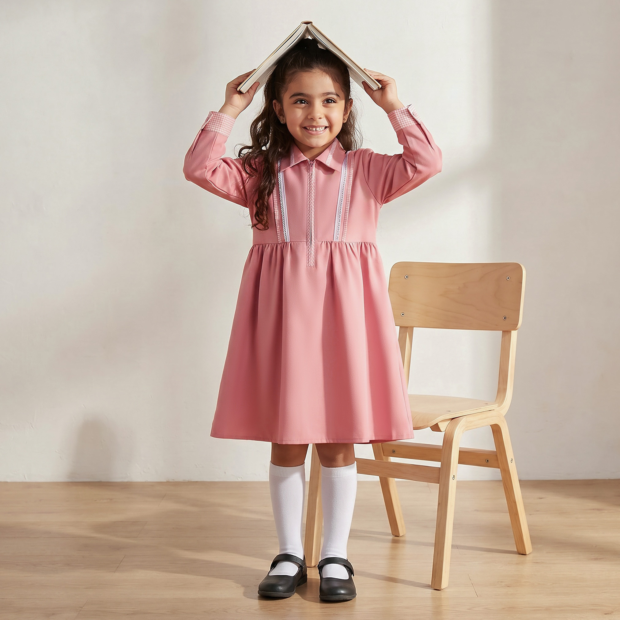 فستان مدرسي وردي بأكمام طويلة من جونيورز - بنات-girls-clothing-schoolwear-dresses-image-1