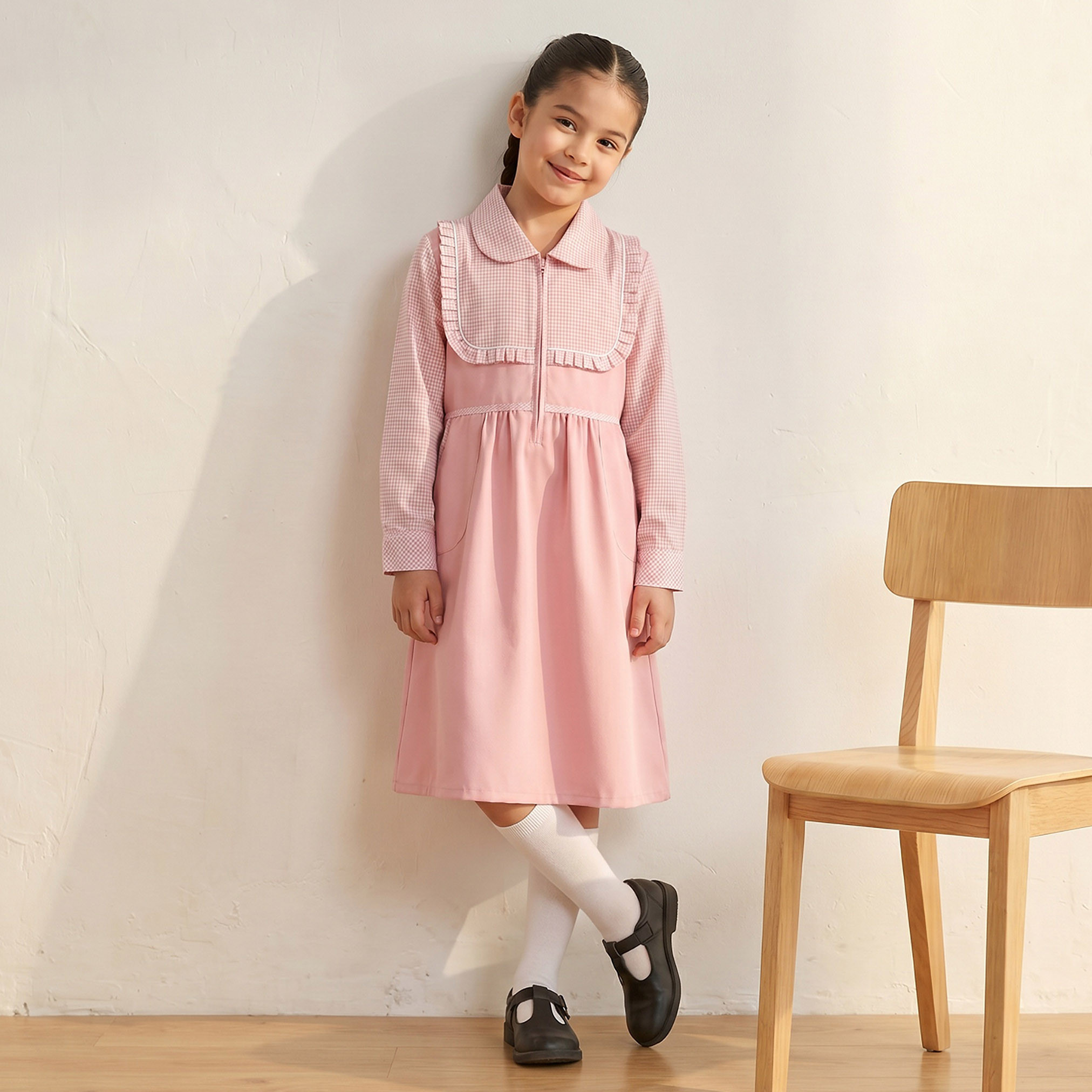 فستان مدرسة وردي بأكمام طويلة للبنات من جونيورز-girls-clothing-schoolwear-dresses-image-6