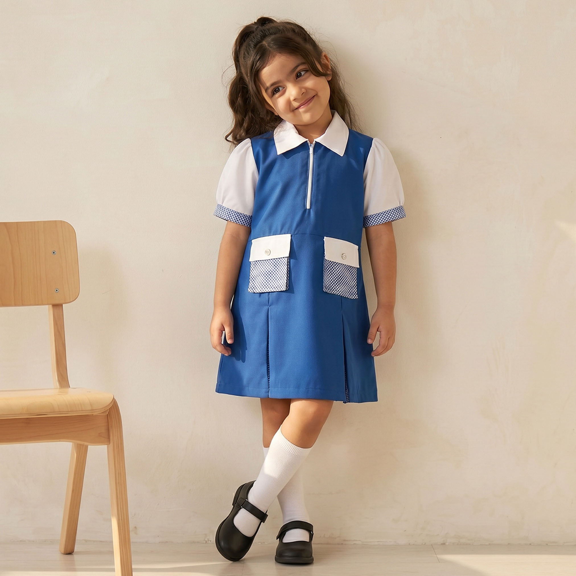 فستان مدرسي أزرق بأكمام قصيرة من جونيورز - للبنات-girls-clothing-schoolwear-dresses-image-4