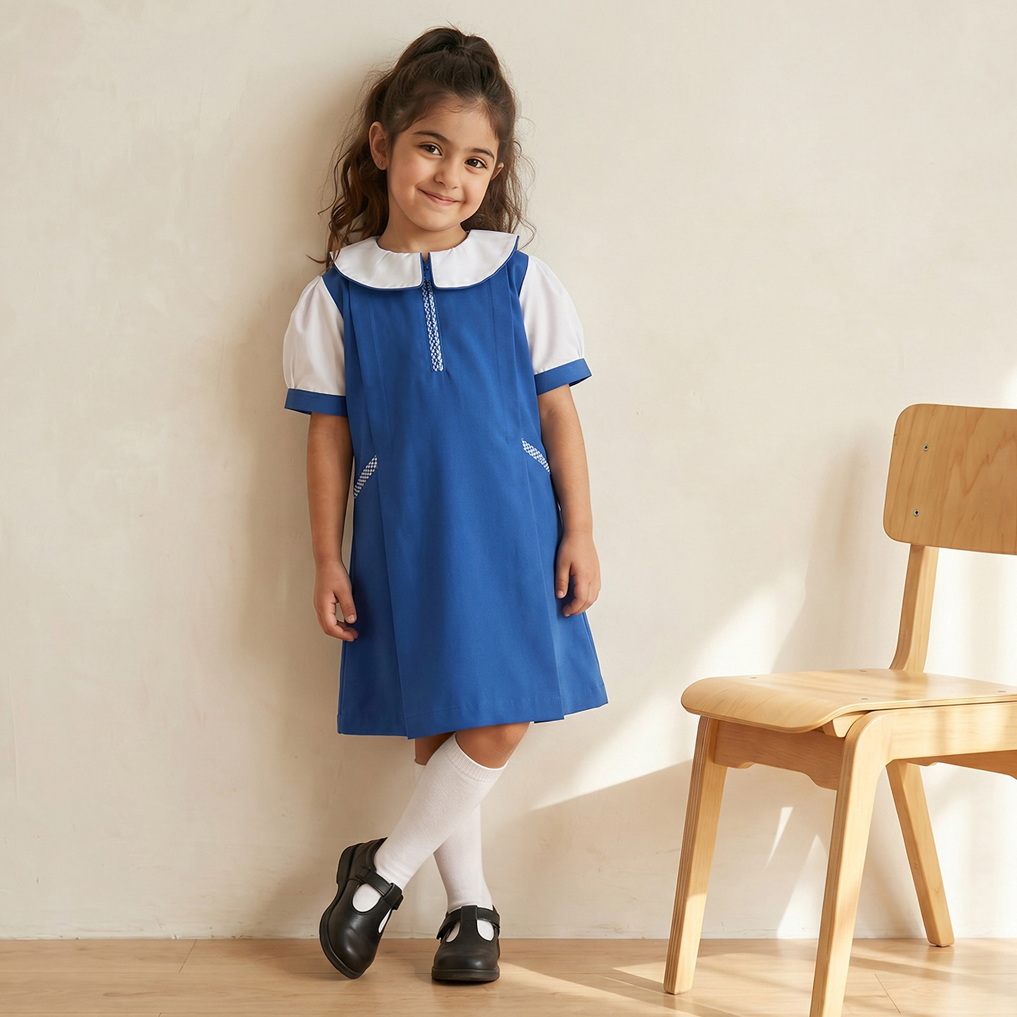 Juniors Blue A-line Dress with Peter Pan Collar - Girls-girls-clothing-schoolwear-dresses-image-1