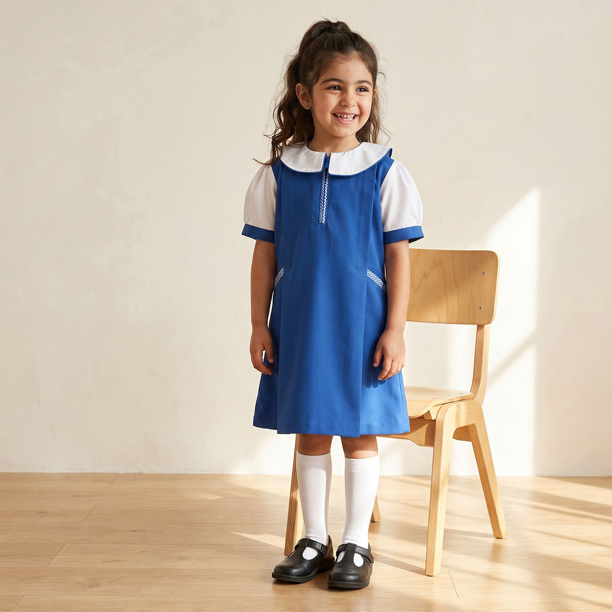 Juniors Blue A-line Dress with Peter Pan Collar - Girls-girls-clothing-schoolwear-dresses-image-4