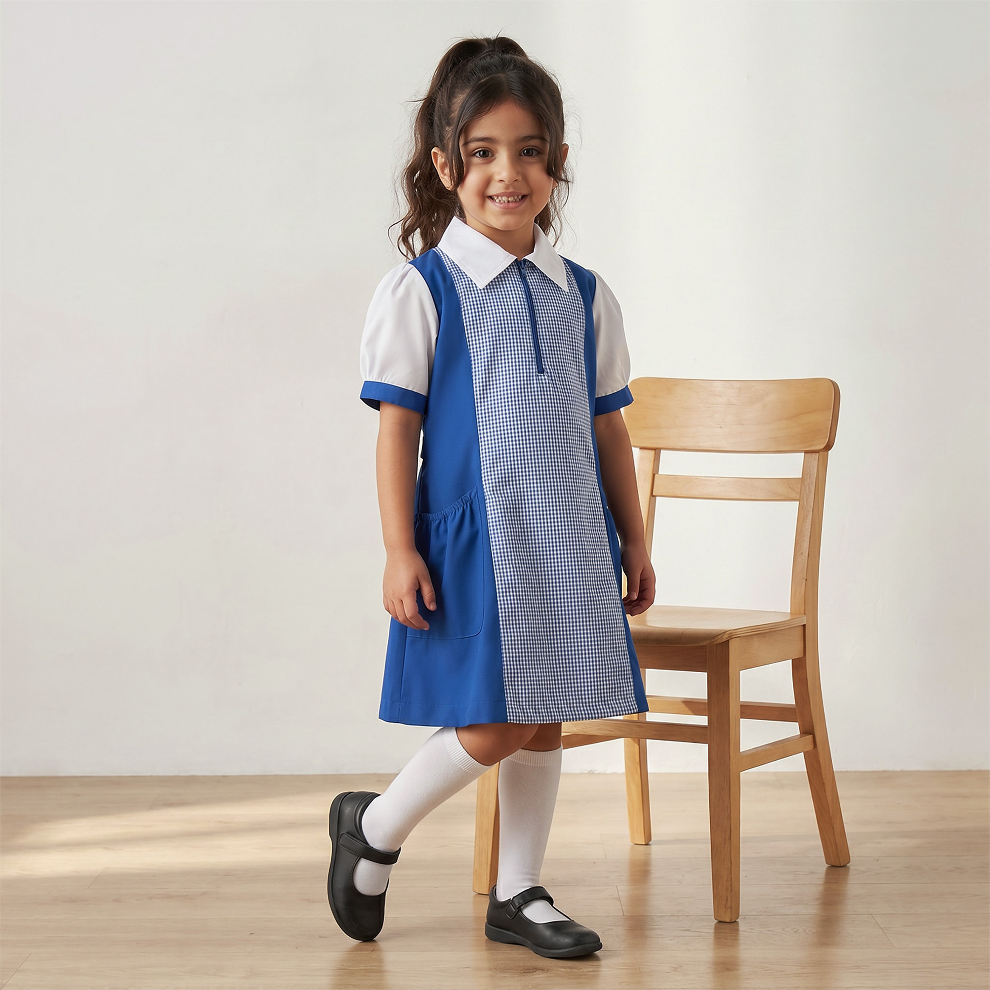 Juniors Blue School Dress with Short Sleeves - Girls-girls-clothing-schoolwear-dresses-image-1