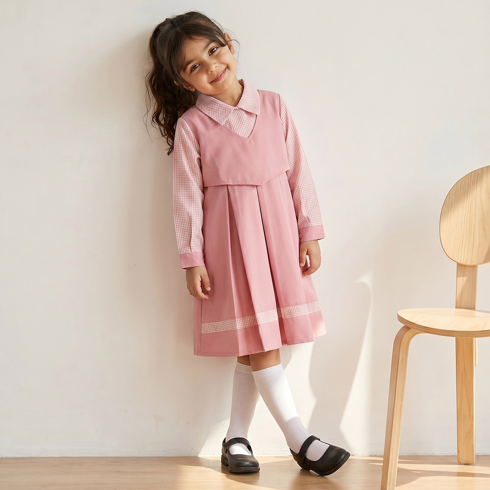 Juniors Pink School Dress with Long Sleeves - Girls-girls-clothing-schoolwear-dresses-image-1