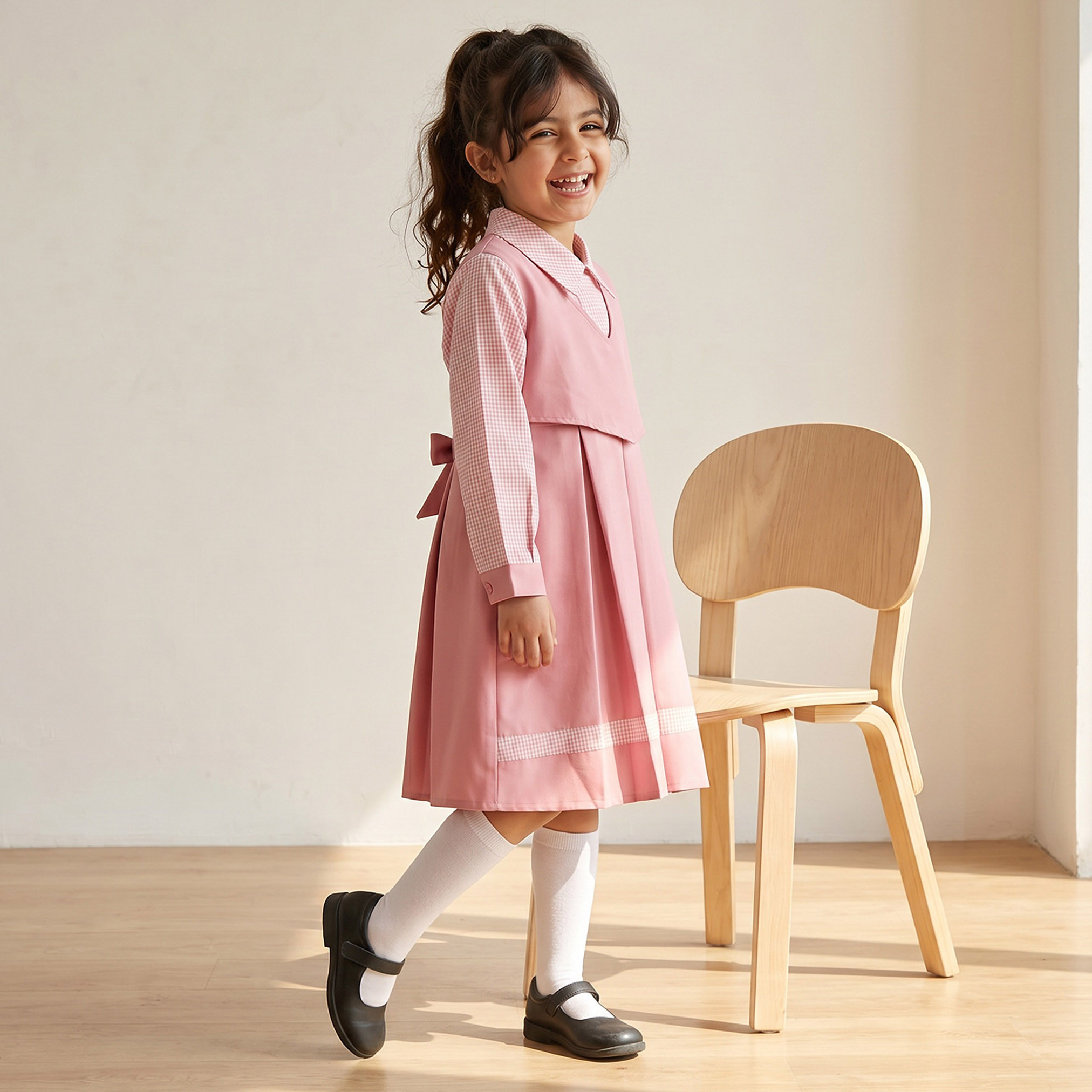 Juniors Pink School Dress with Long Sleeves - Girls-girls-clothing-schoolwear-dresses-image-6