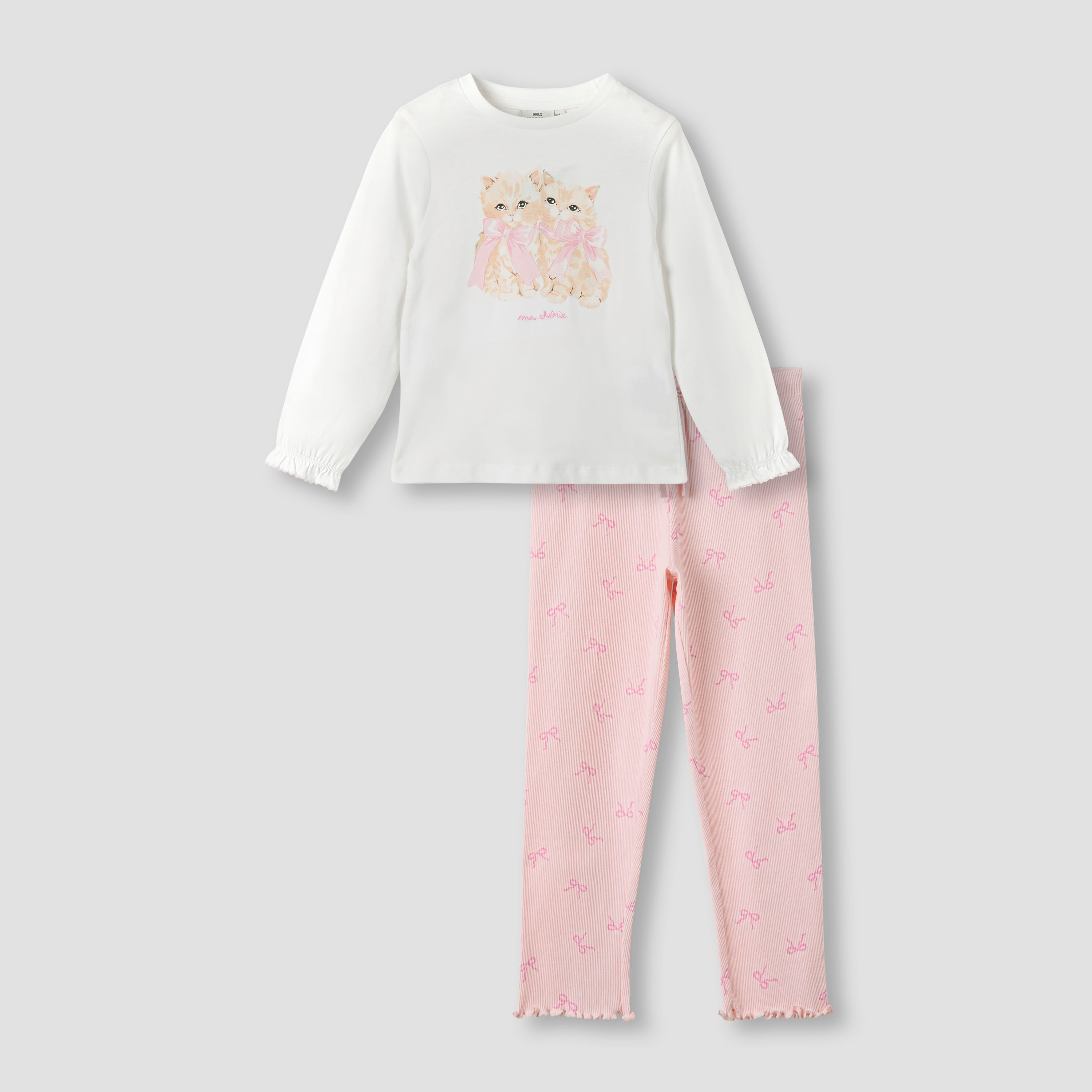 Juniors Cat Print T-shirt and Pyjama Set-baby-girls-clothing-nightwear-pyjamasets-image-1