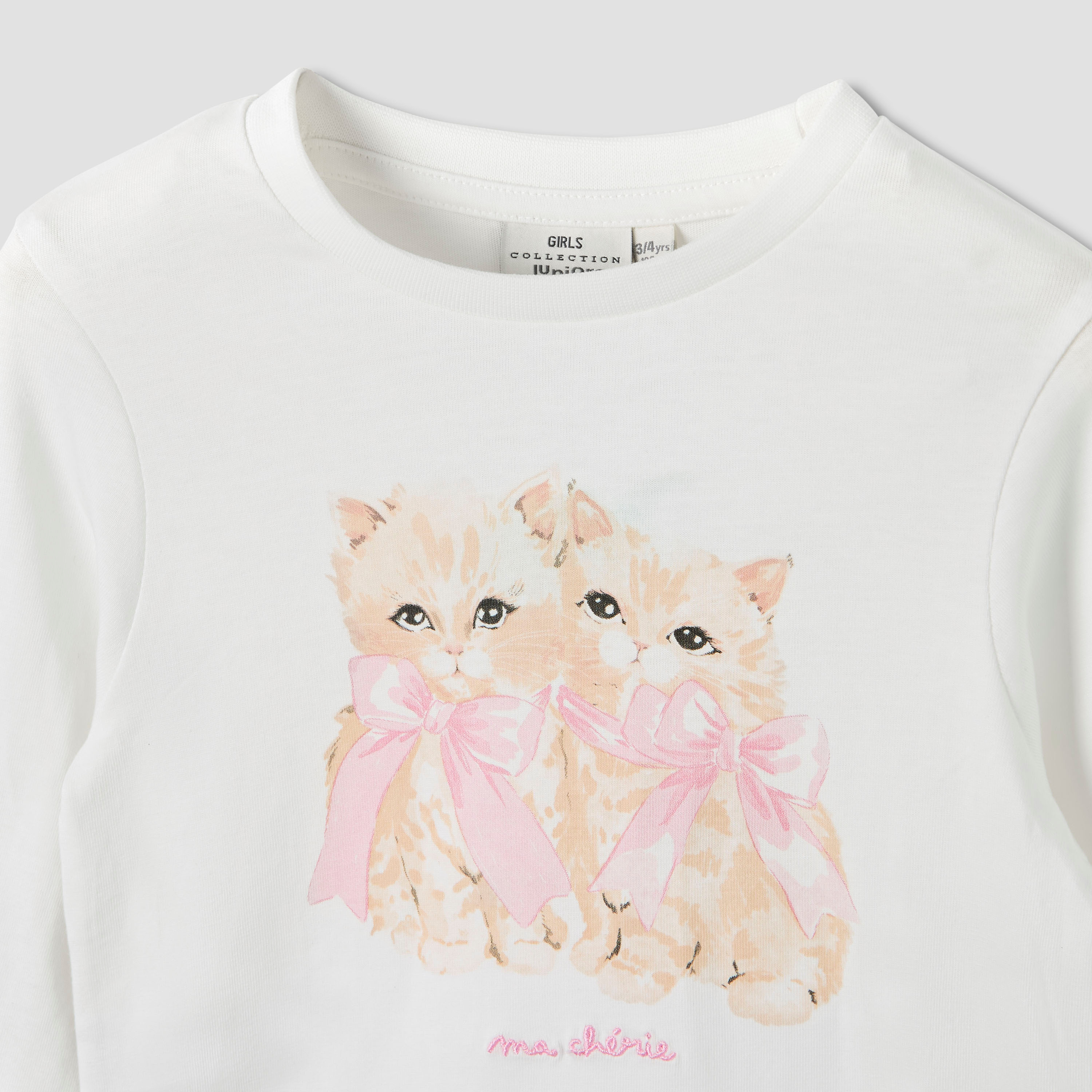 Juniors Cat Print T-shirt and Pyjama Set-baby-girls-clothing-nightwear-pyjamasets-image-4