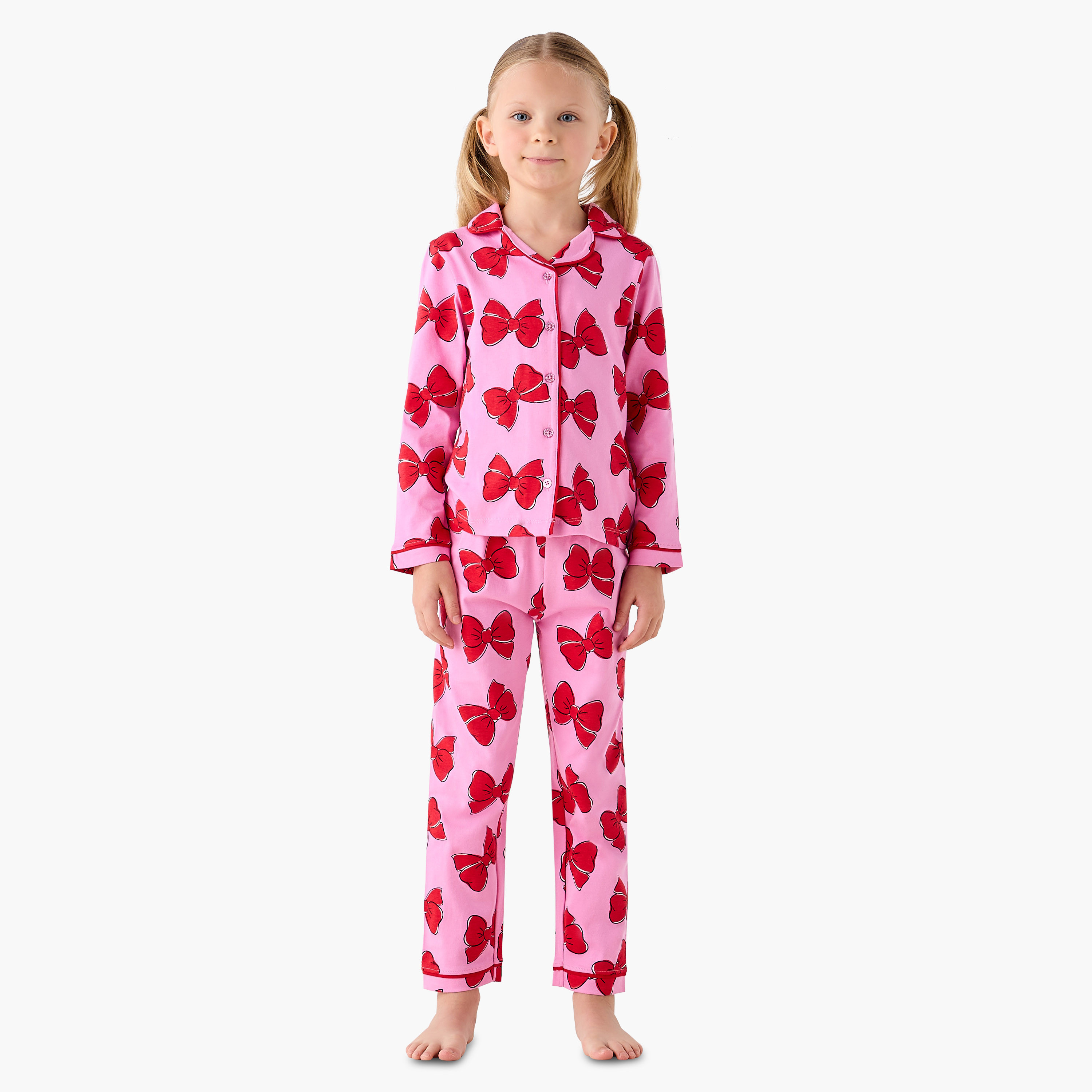 Juniors Girls Pyjama Set with Bow Print - Cotton - Long Sleeves - Collar-girls-clothing-nightwear-image-1