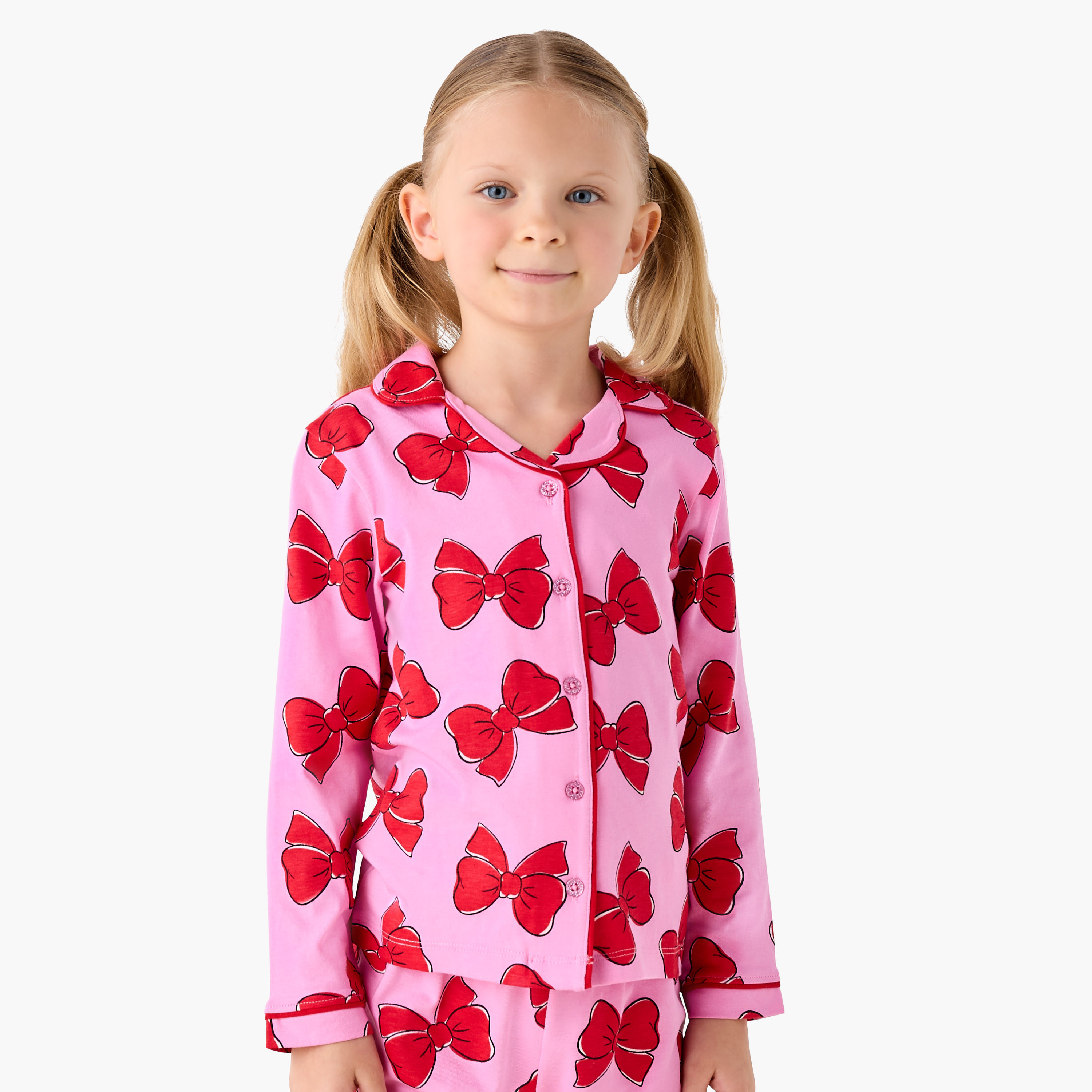 Juniors Girls Pyjama Set with Bow Print - Cotton - Long Sleeves - Collar-girls-clothing-nightwear-image-2