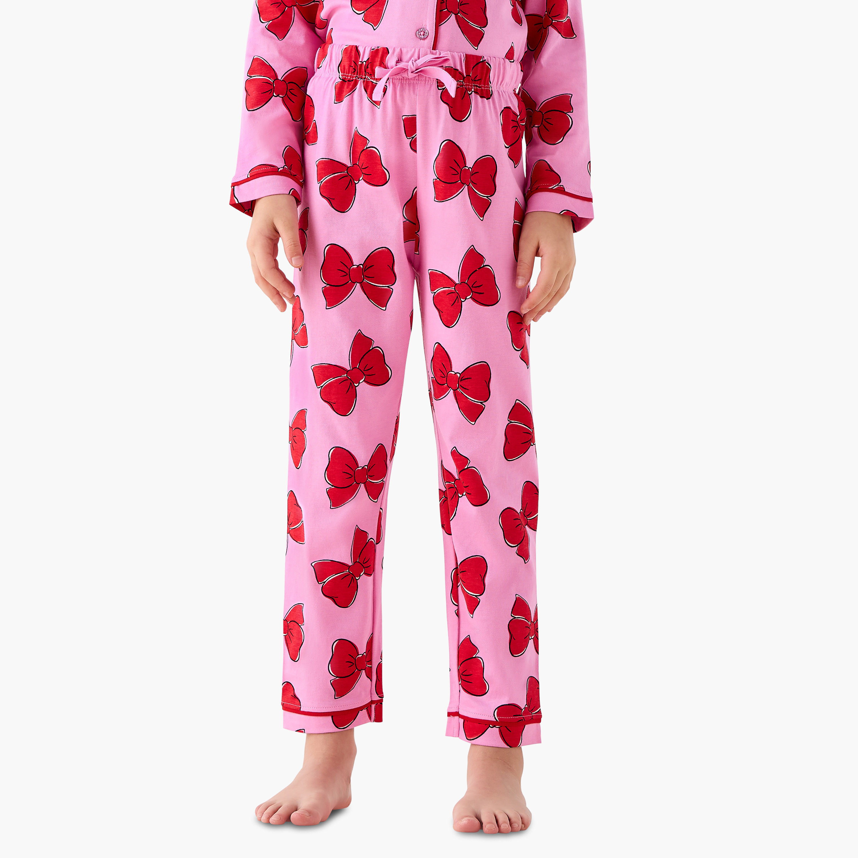 Juniors Girls Pyjama Set with Bow Print - Cotton - Long Sleeves - Collar-girls-clothing-nightwear-image-3
