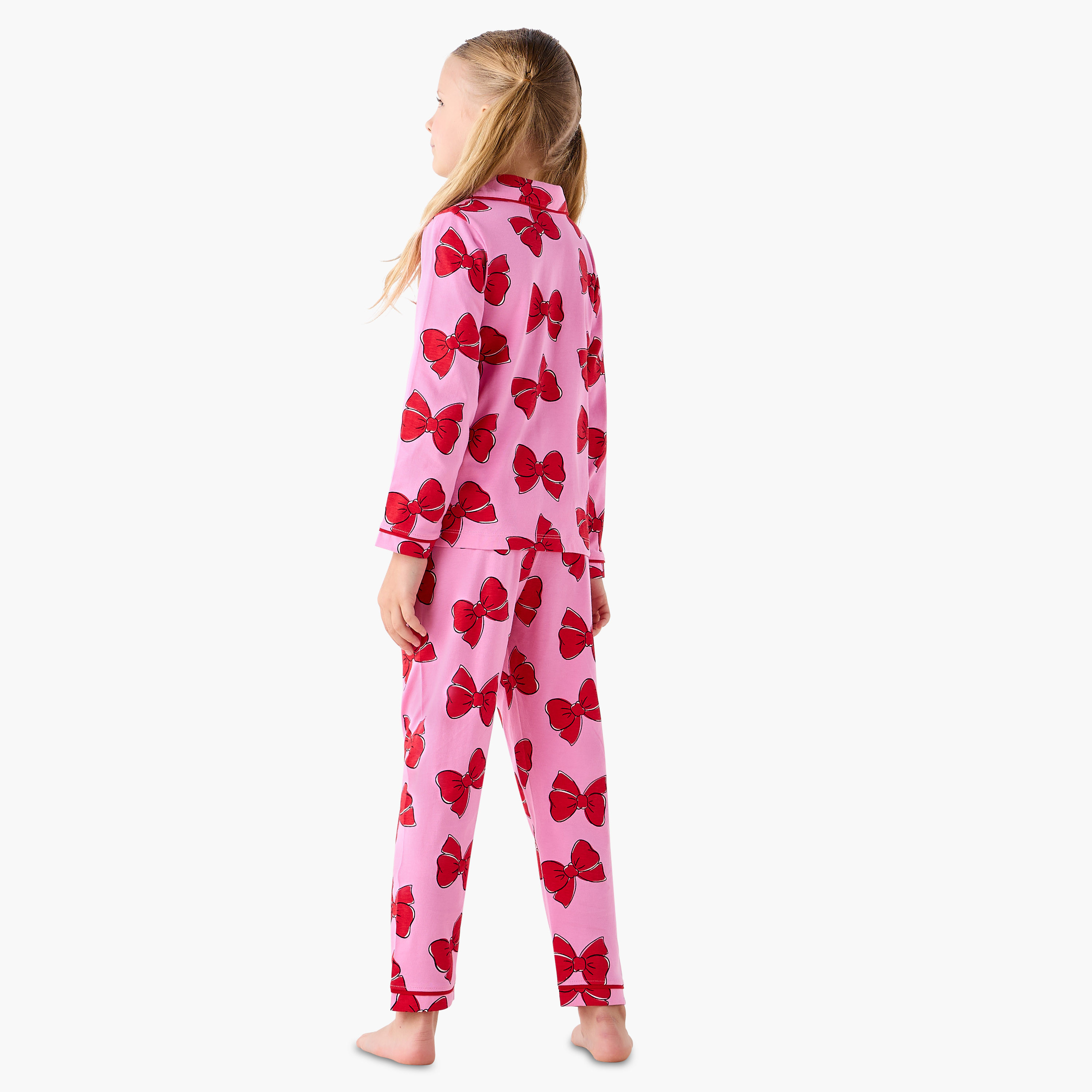 Juniors Girls Pyjama Set with Bow Print - Cotton - Long Sleeves - Collar-girls-clothing-nightwear-image-4