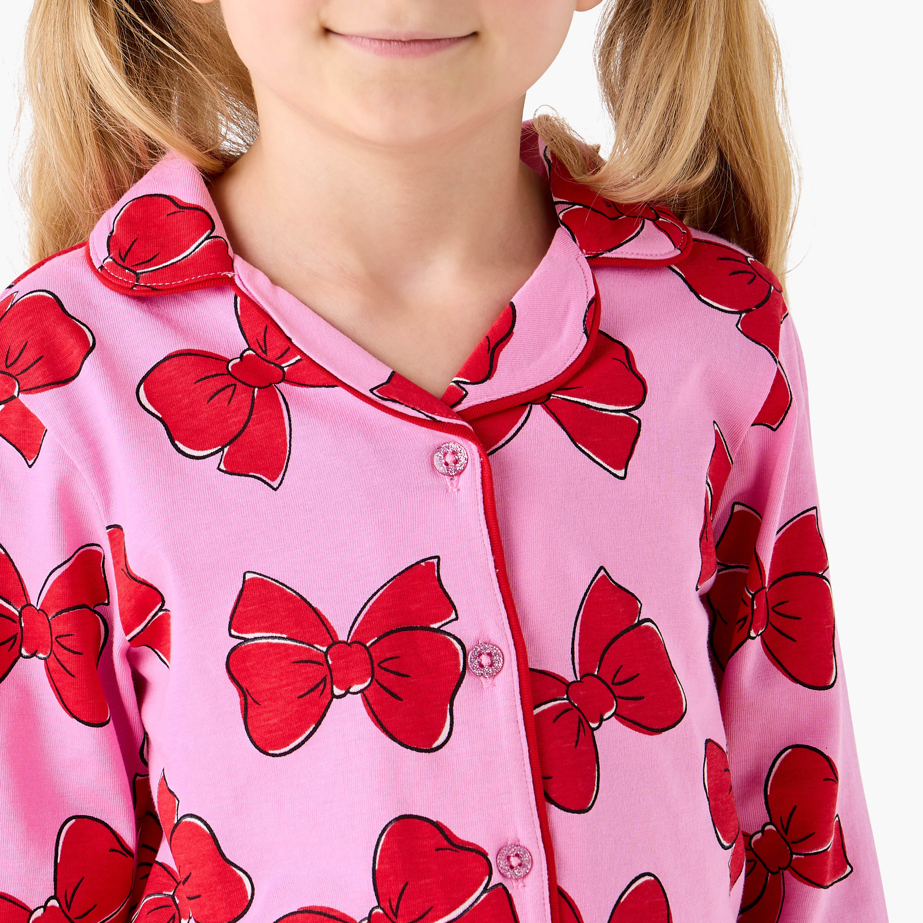 Juniors Girls Pyjama Set with Bow Print - Cotton - Long Sleeves - Collar-girls-clothing-nightwear-image-5