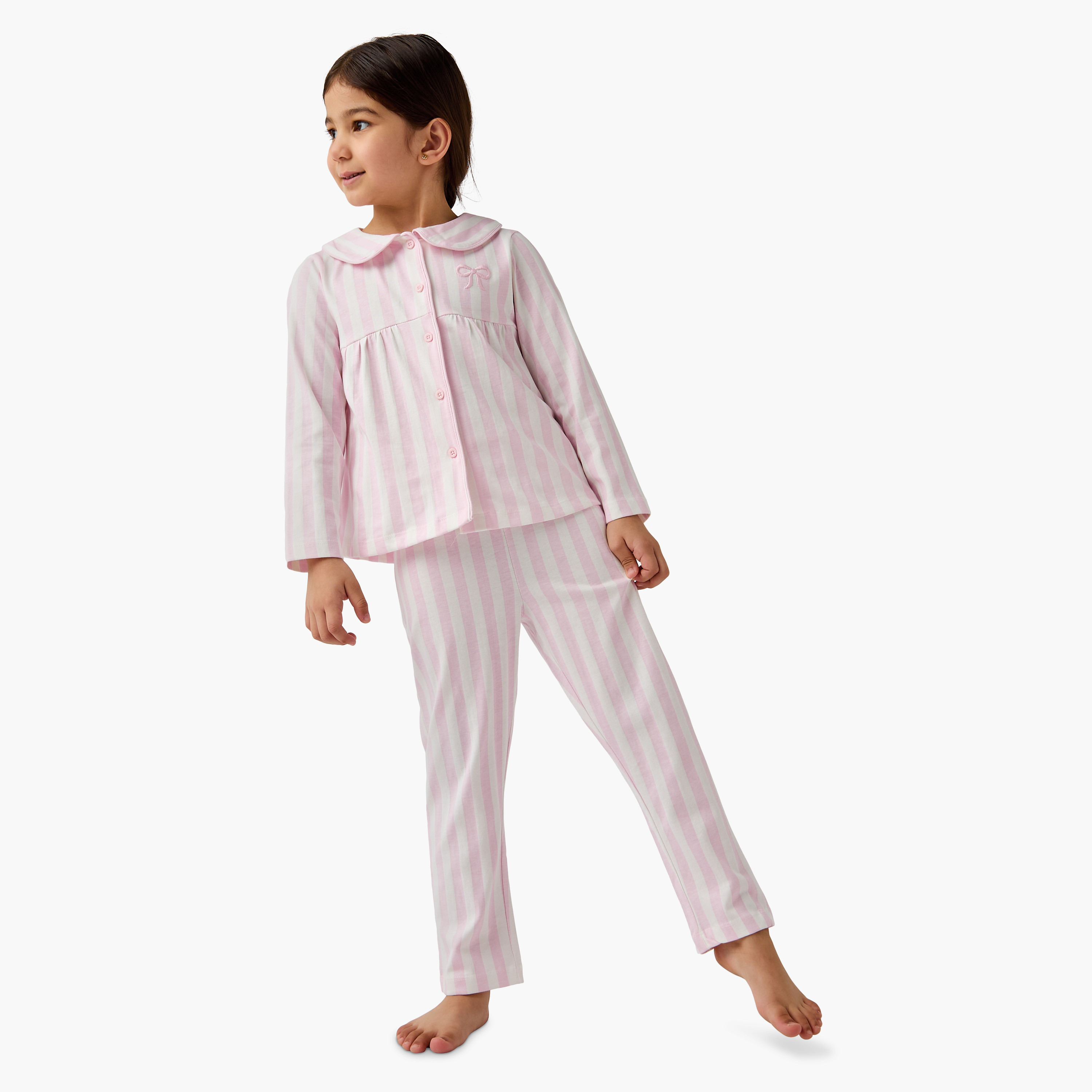 Juniors Striped Peter Pan Collar Shirt and Pyjama Set-girls-clothing-nightwear-image-1