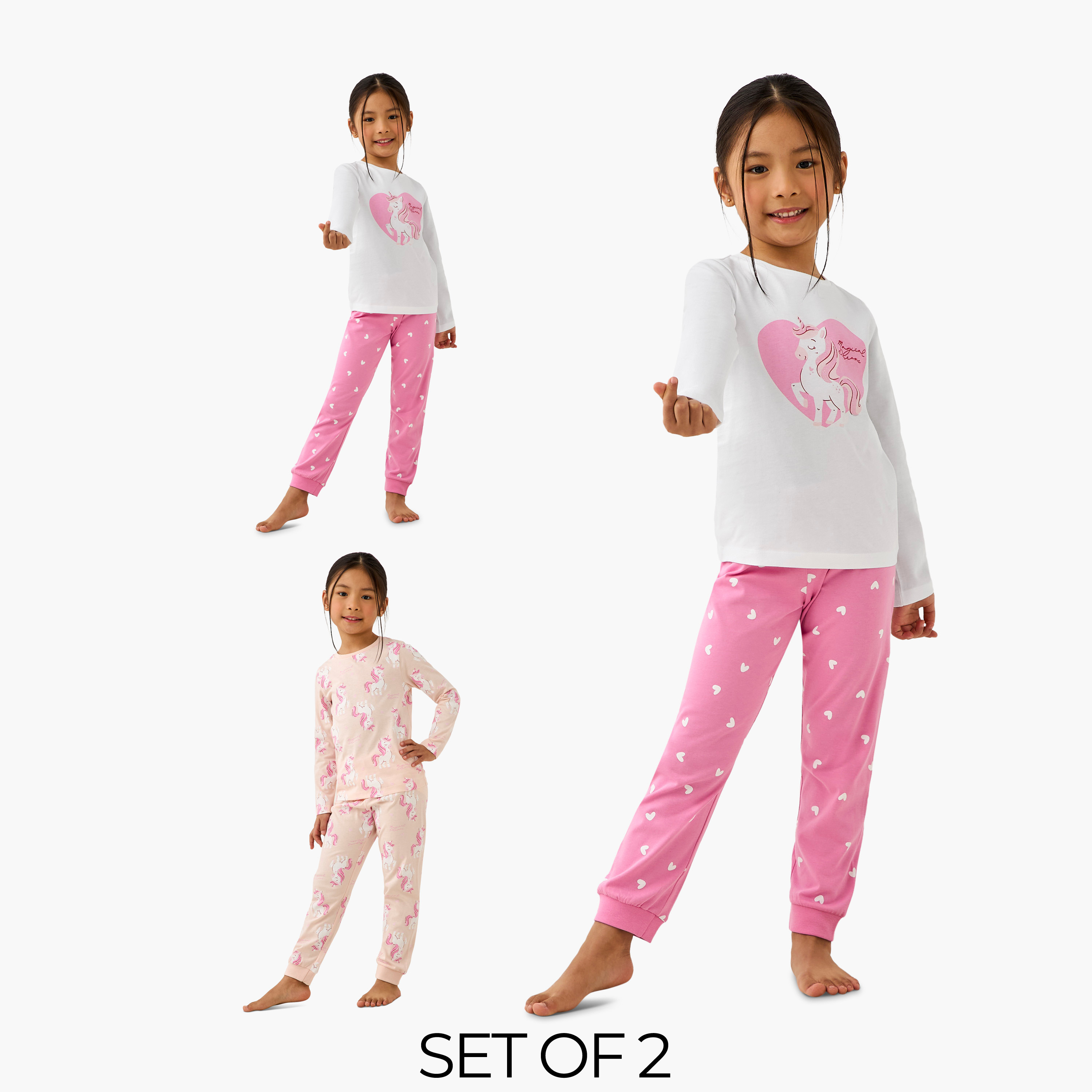 Pack of 2 Cotton Crew Neck Long Sleeve Pyjama Set with Unicorn Print-girls-clothing-nightwear-image-1