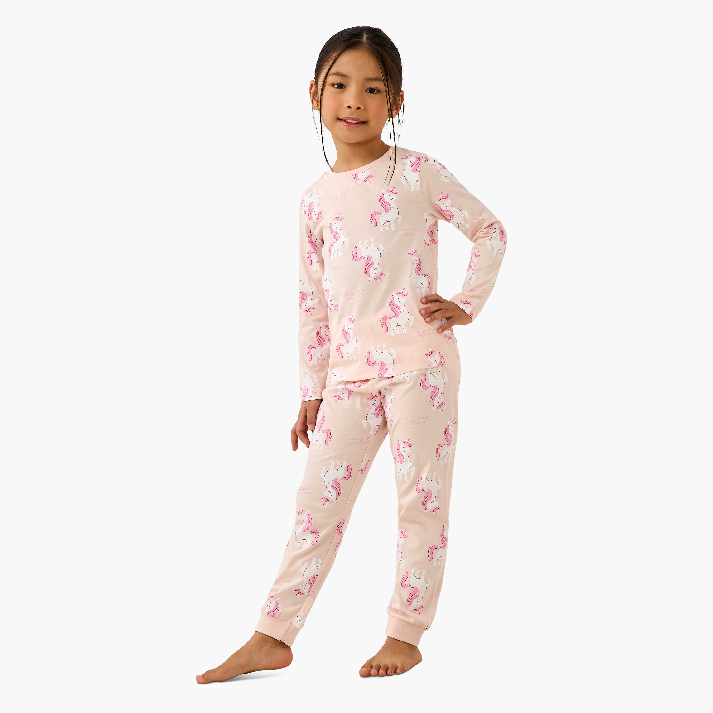 Pack of 2 Cotton Crew Neck Long Sleeve Pyjama Set with Unicorn Print-girls-clothing-nightwear-image-2