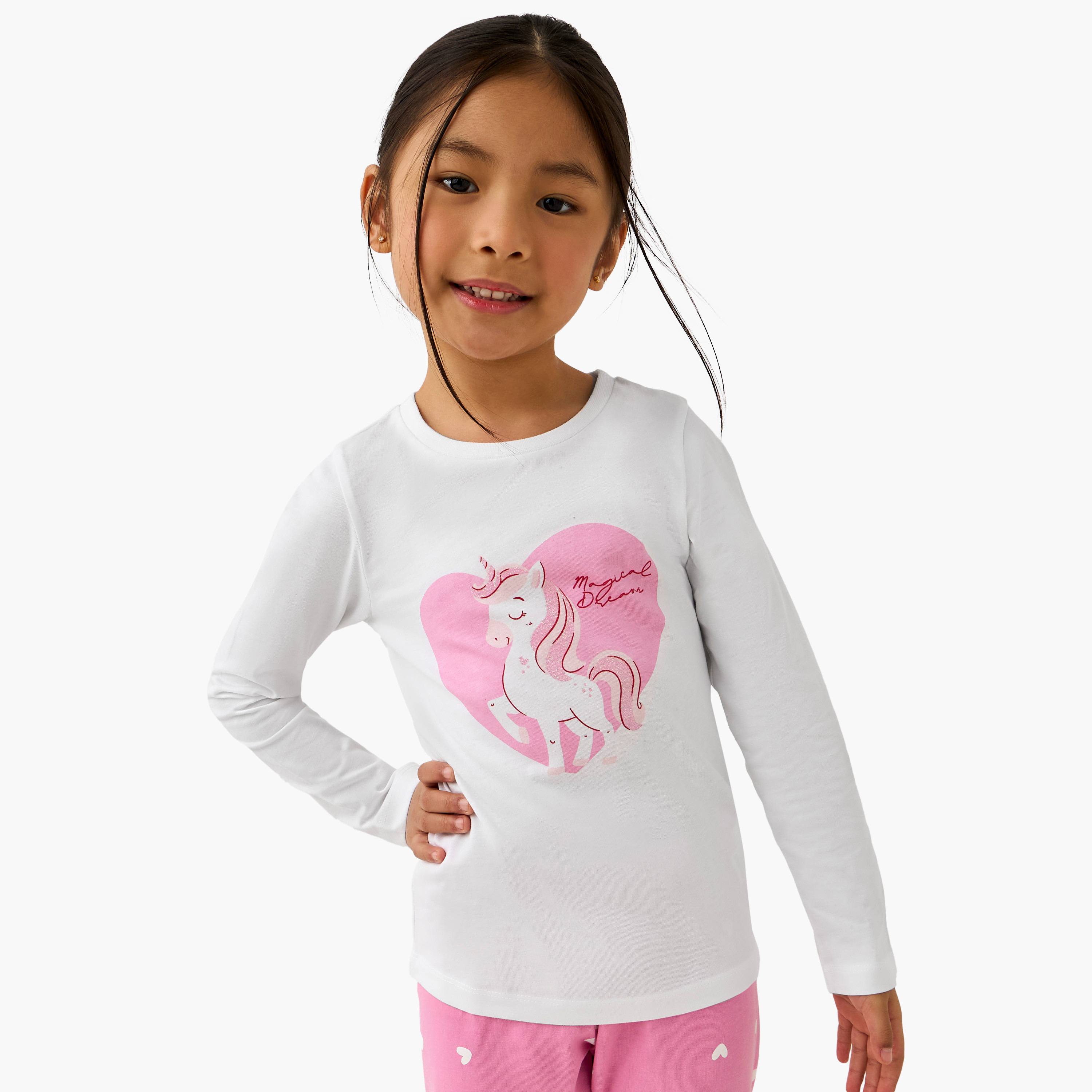 Pack of 2 Cotton Crew Neck Long Sleeve Pyjama Set with Unicorn Print-girls-clothing-nightwear-image-3