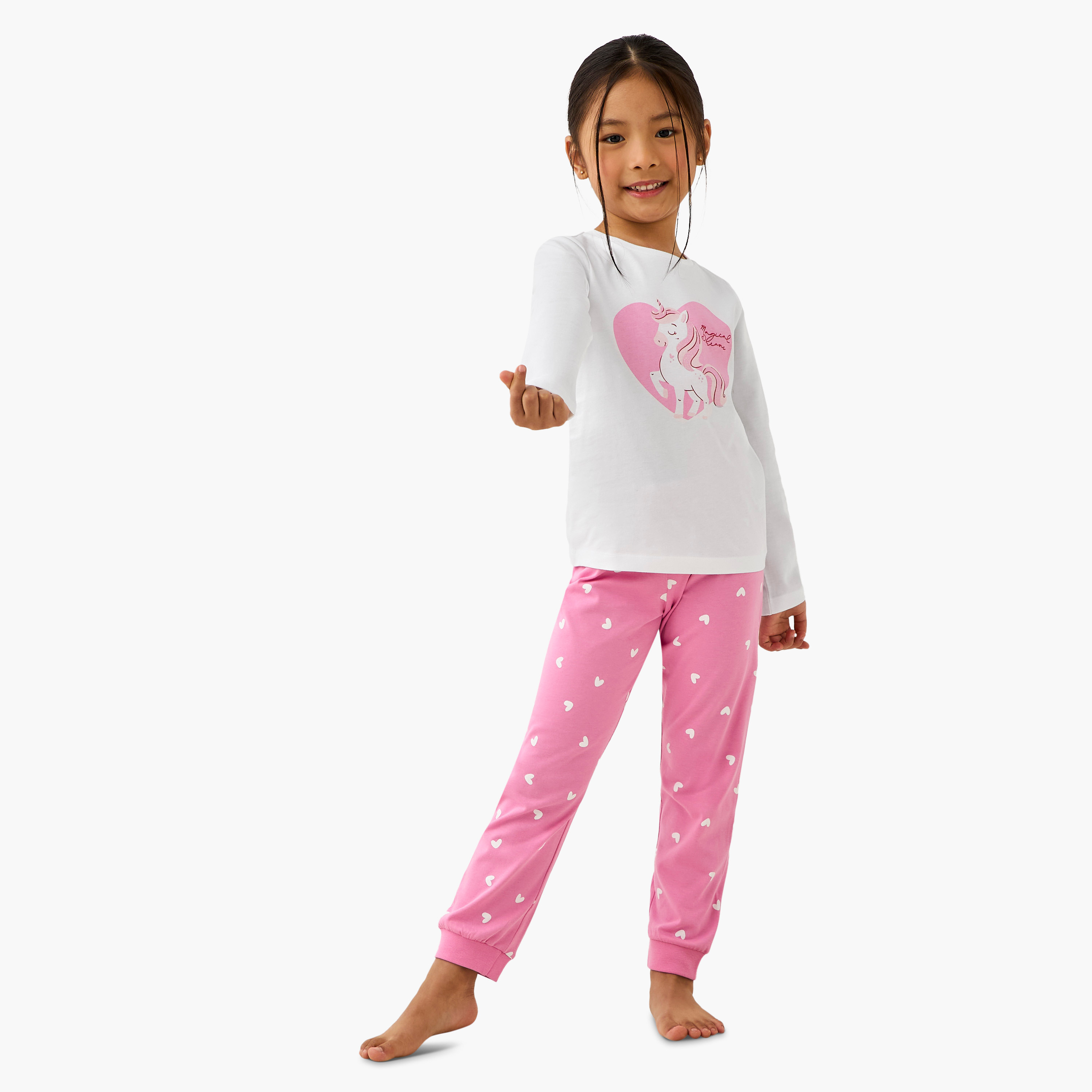 Pack of 2 Cotton Crew Neck Long Sleeve Pyjama Set with Unicorn Print-girls-clothing-nightwear-image-8