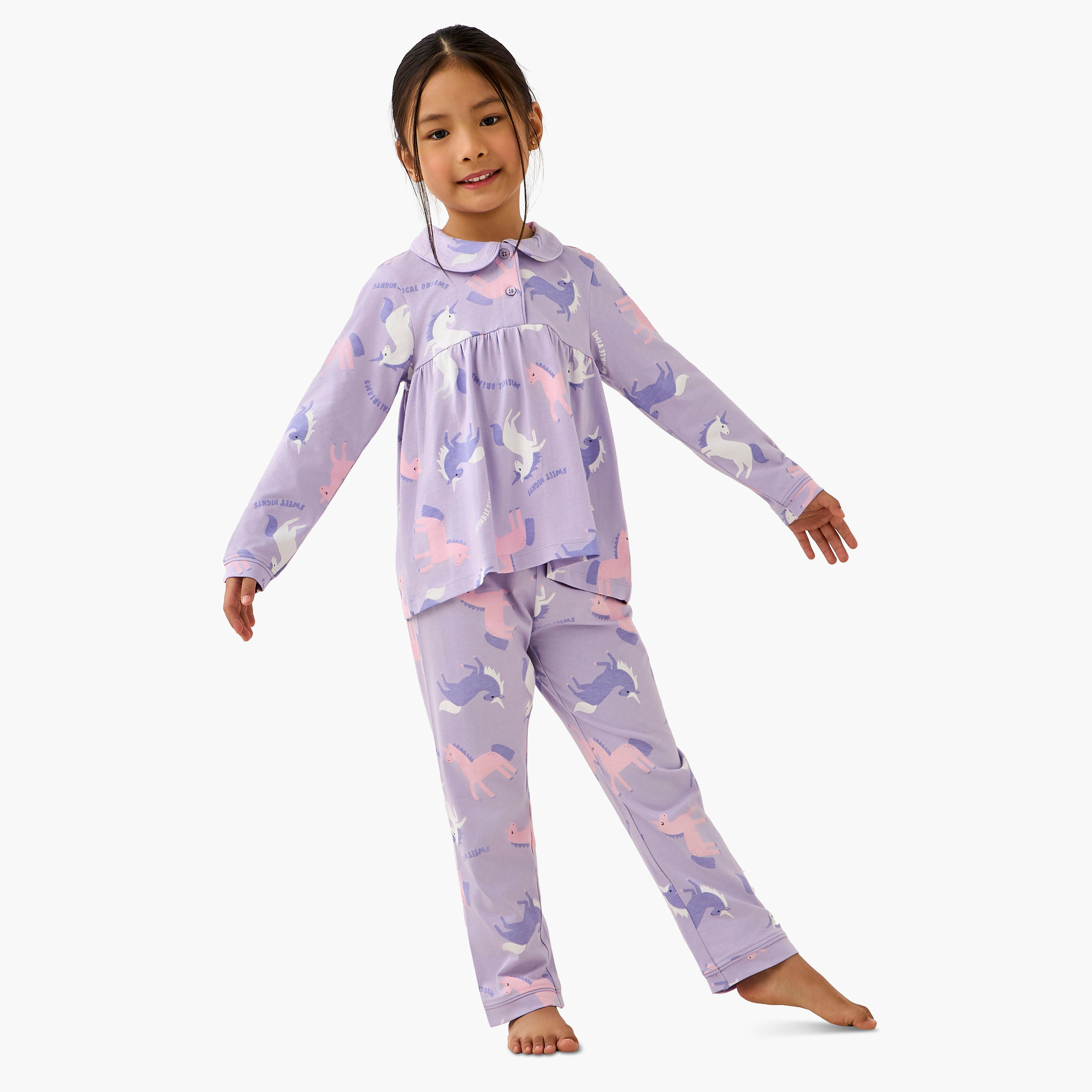 Juniors Cotton Collared Neck Long Sleeve Pyjama Set with Unicorn Print-baby-girls-clothing-nightwear-pyjamasets-image-1