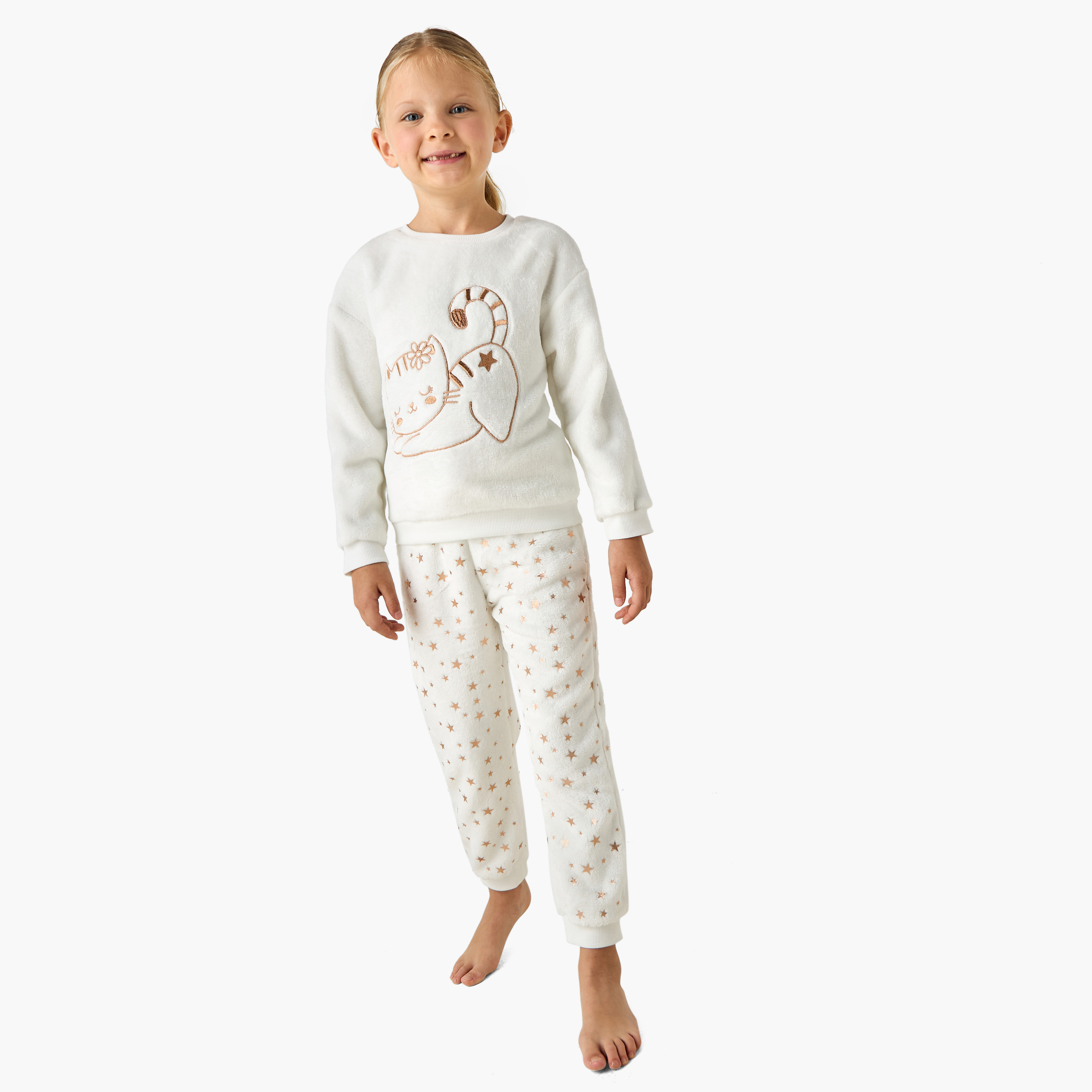 Juniors Girls Pyjama Set with Embroidery - Cotton Blend - Long Sleeves - Crew Neck-baby-girls-clothing-winterwear-pyjamasets-image-1