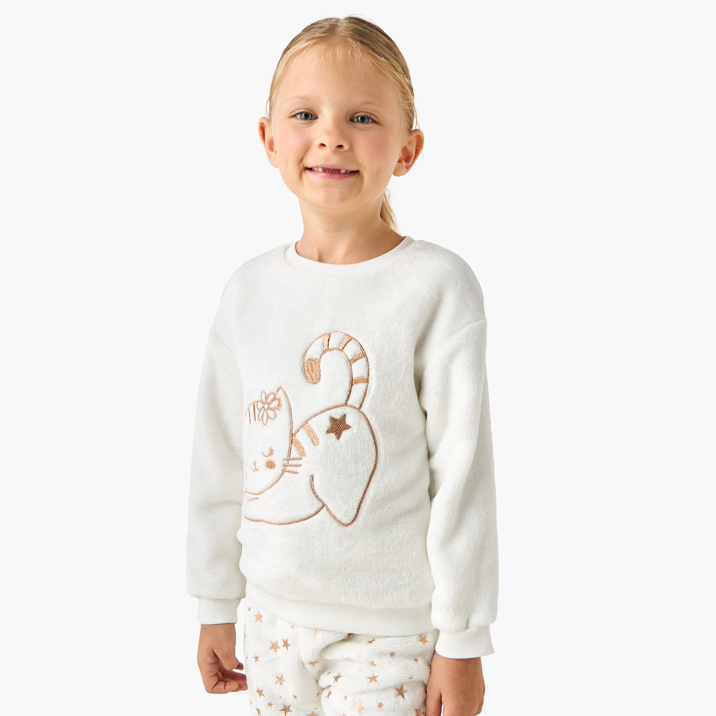 Juniors Girls Pyjama Set with Embroidery - Cotton Blend - Long Sleeves - Crew Neck-baby-girls-clothing-winterwear-pyjamasets-image-2