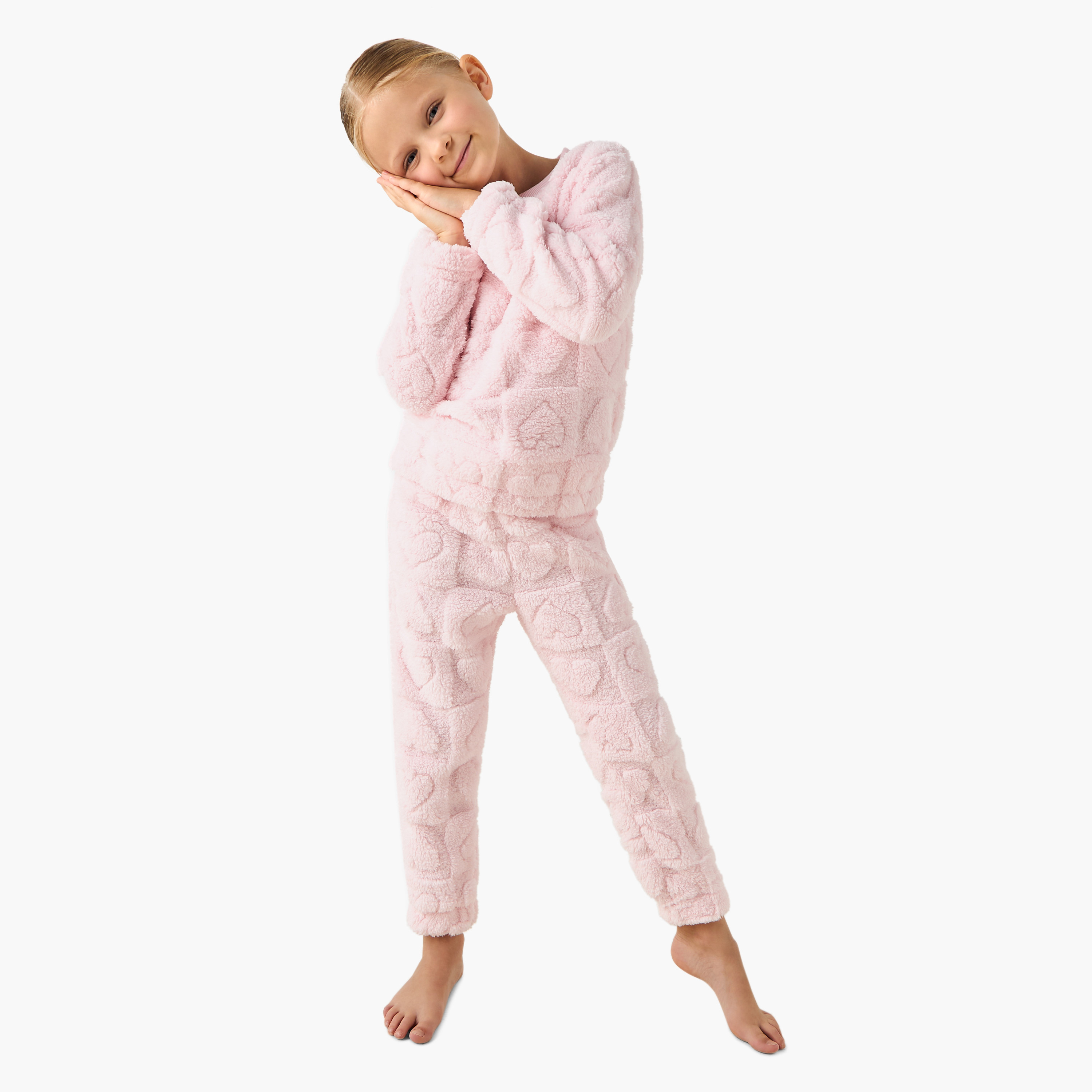 Juniors Girls Pyjama Set with Heart Embossed Print - Polyester - Long Sleeves - Crew Neck-girls-clothing-winterwear-setsandcoords-image-1