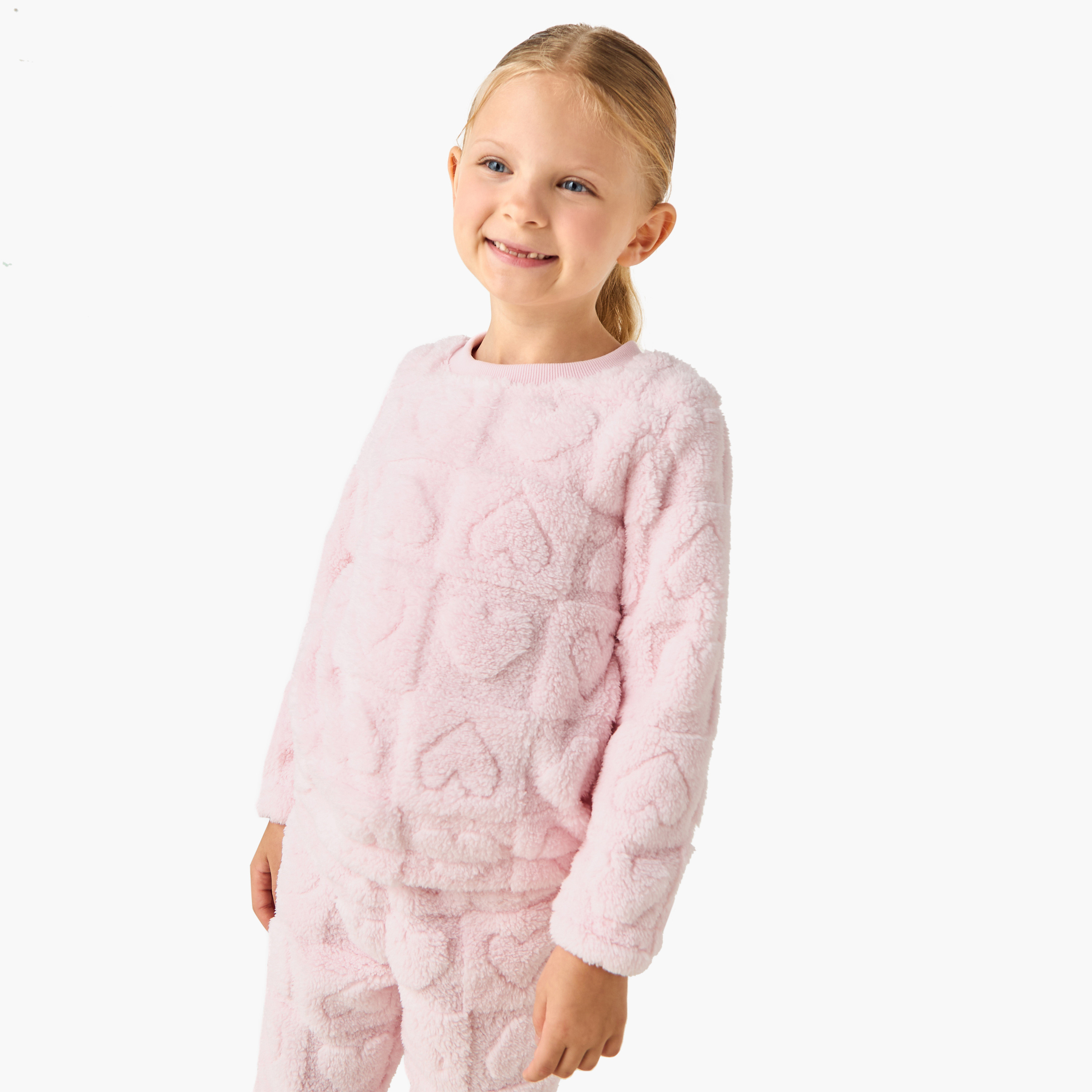 Juniors Girls Pyjama Set with Heart Embossed Print - Polyester - Long Sleeves - Crew Neck-girls-clothing-winterwear-setsandcoords-image-2