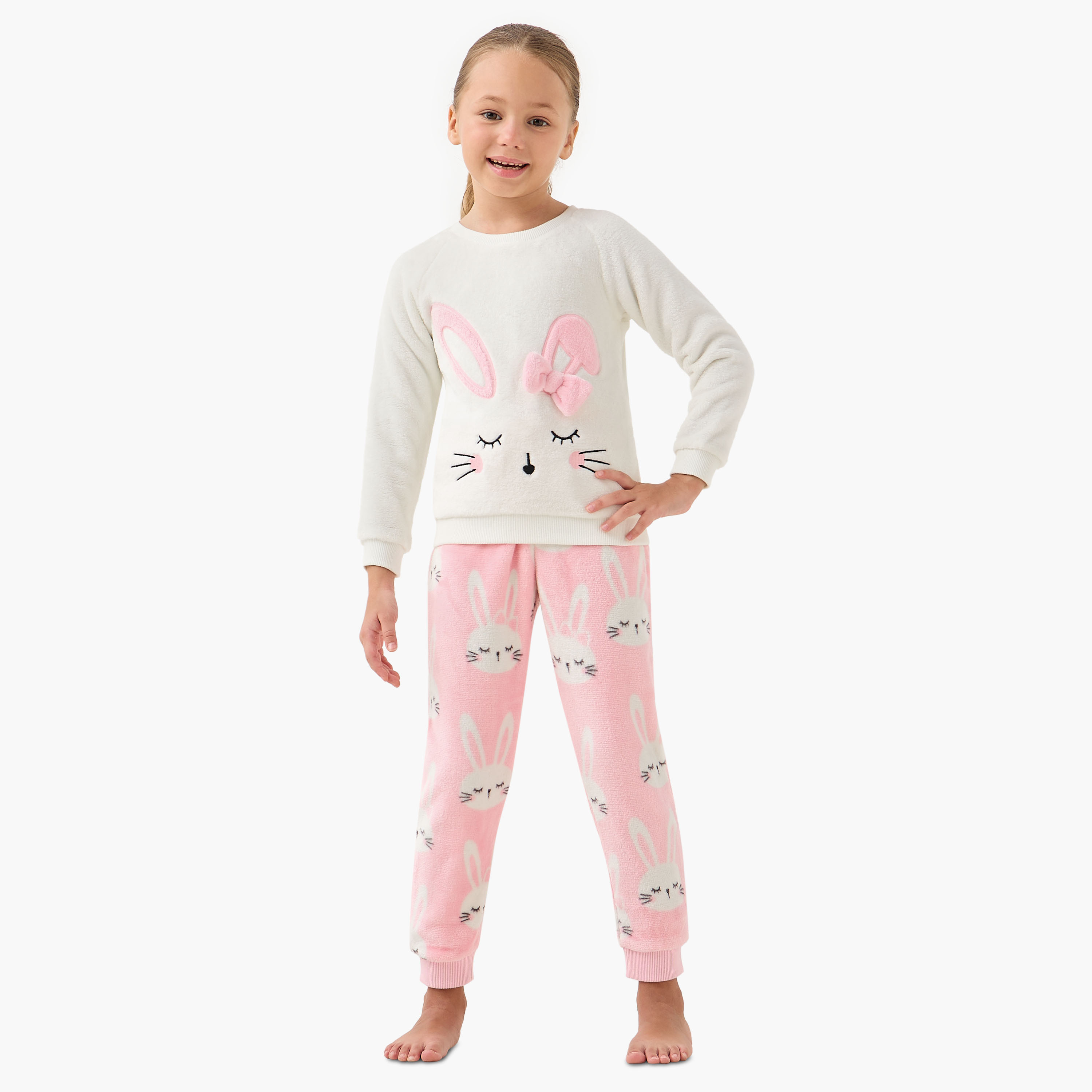 Juniors Bunny Print Fleece T-shirt and Pyjama Set-baby-girls-clothing-winterwear-pyjamasets-image-1