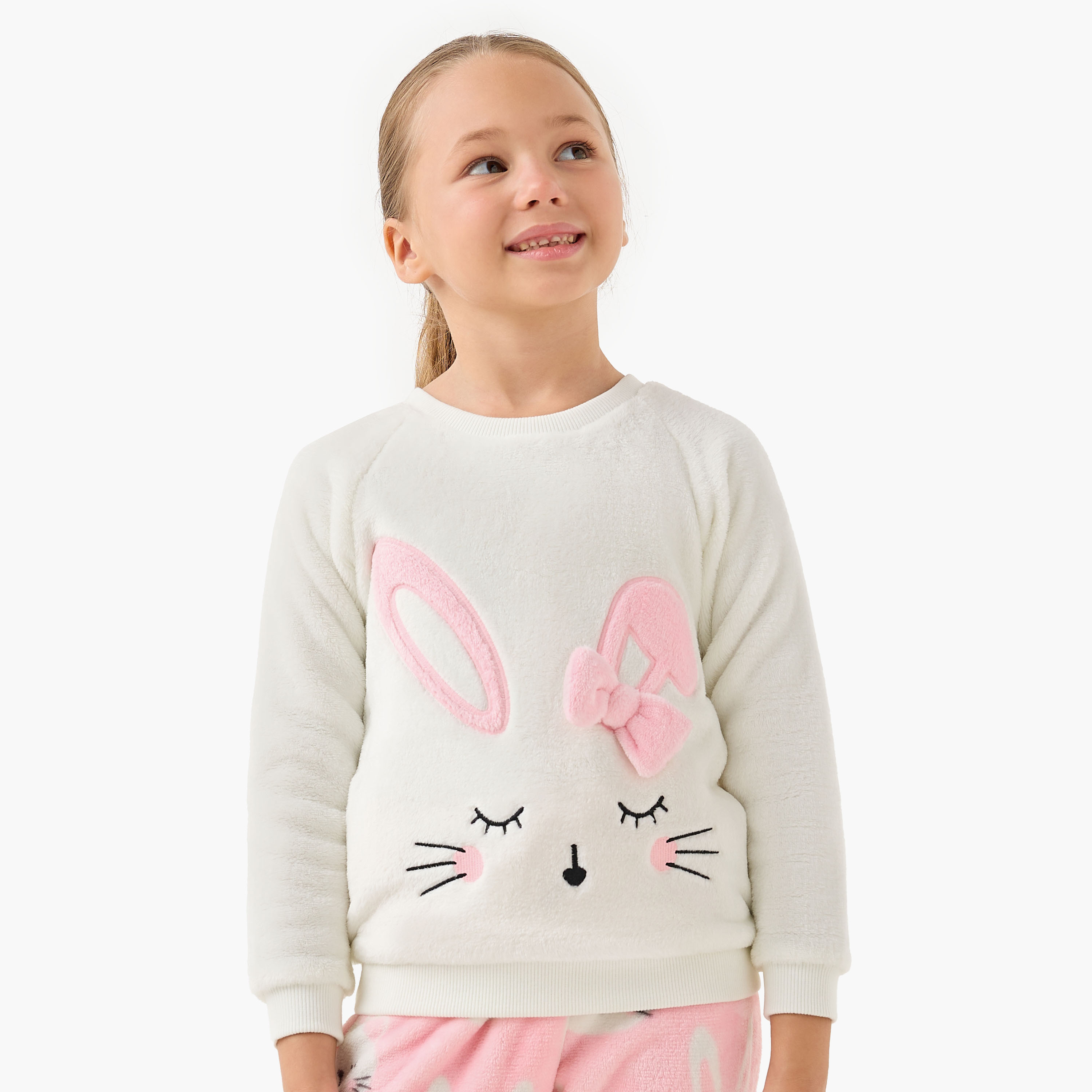 Juniors Bunny Print Fleece T-shirt and Pyjama Set-baby-girls-clothing-winterwear-pyjamasets-image-2