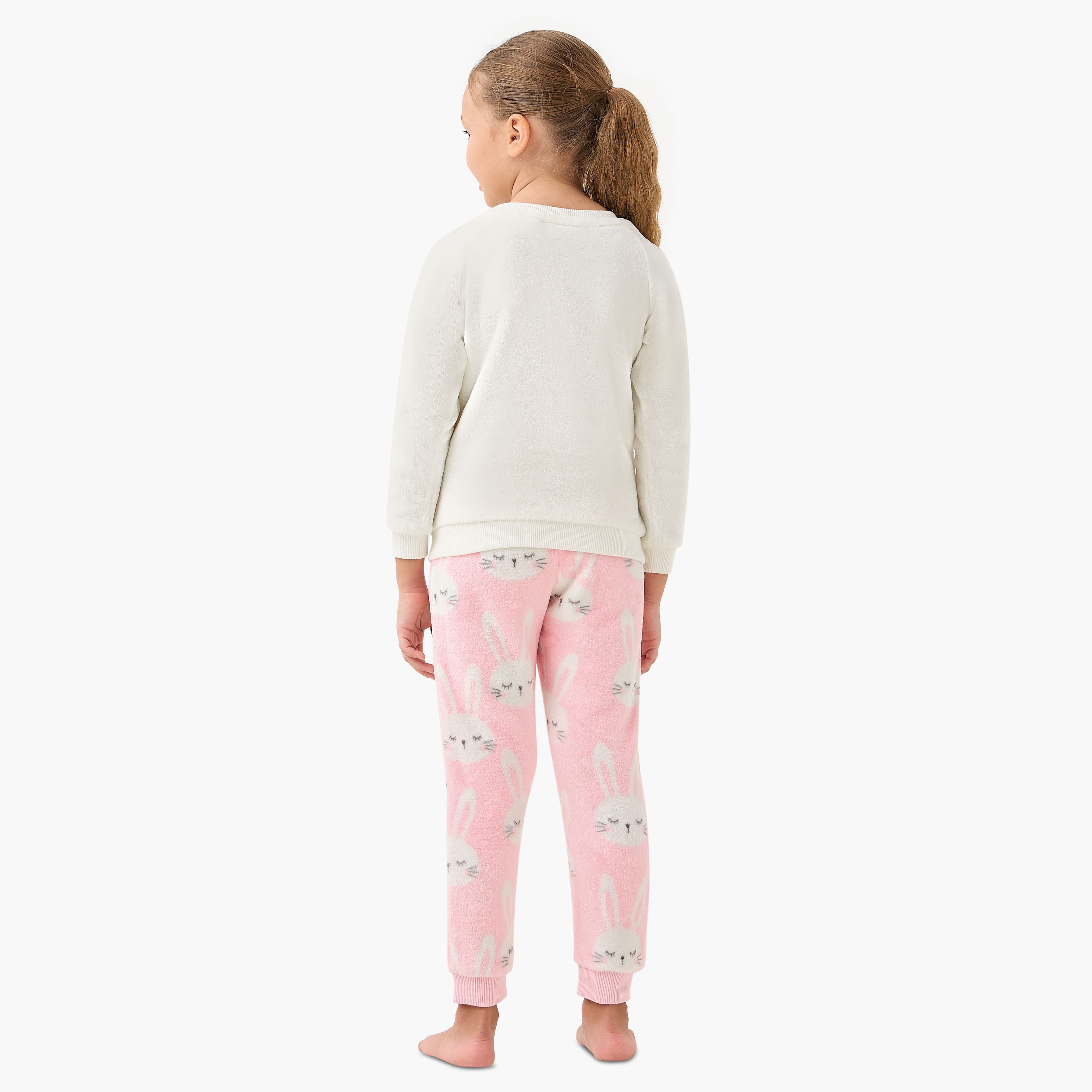 Juniors Bunny Print Fleece T-shirt and Pyjama Set-baby-girls-clothing-winterwear-pyjamasets-image-4