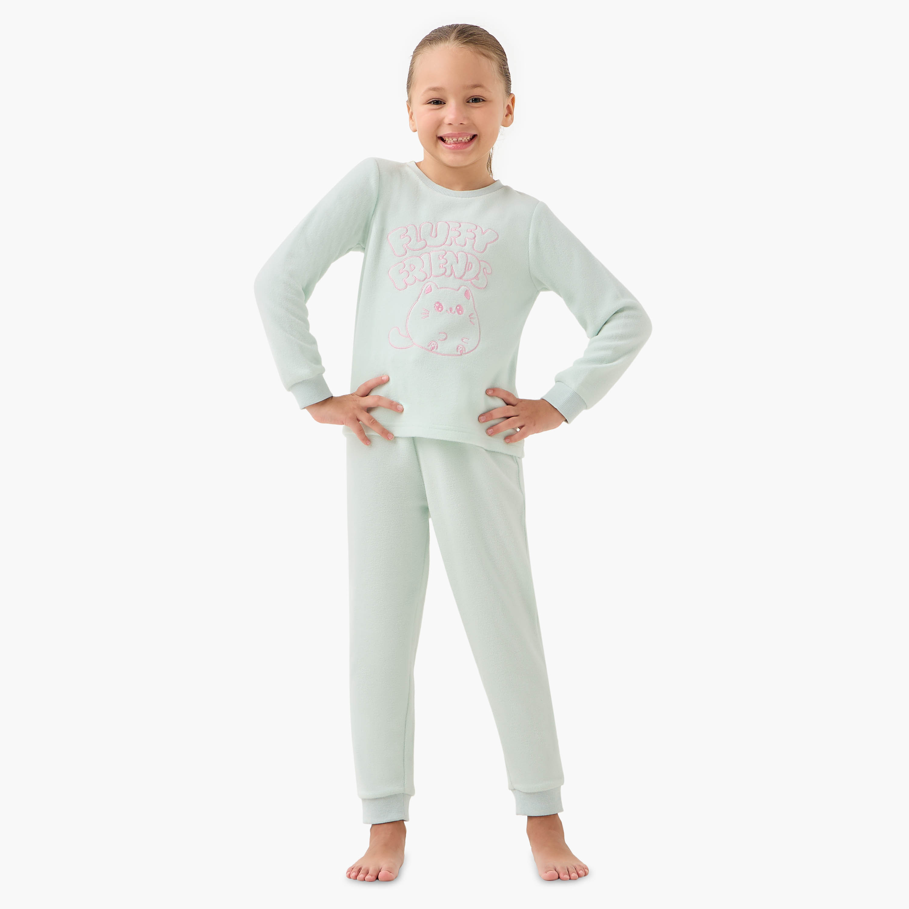Juniors Bow Print Fleece T-shirt and Pyjama Set-baby-girls-clothing-winterwear-pyjamasets-image-1