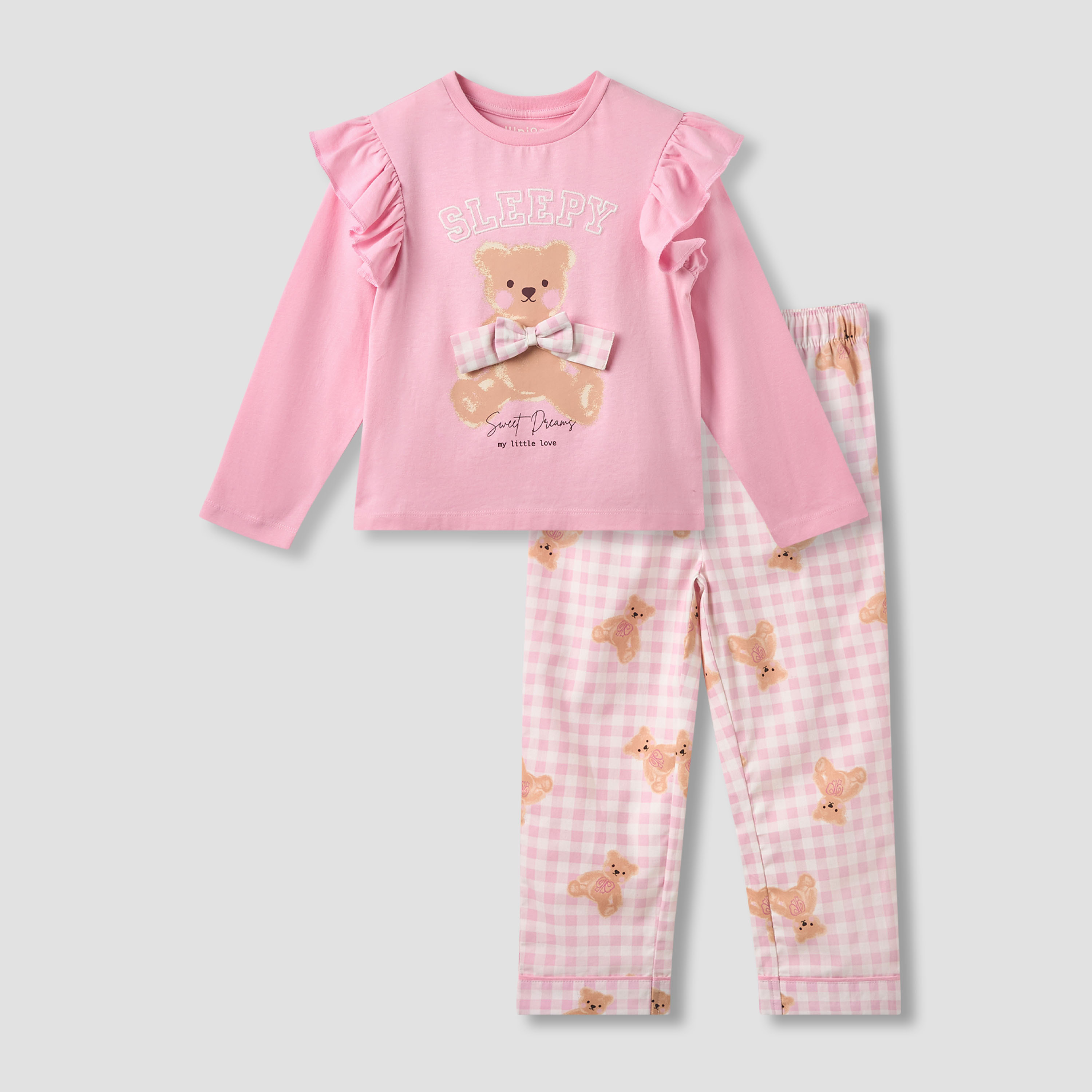 Juniors Cotton Round Neck Long Sleeves Pyjama Set with Teddy Bear Print-girls-clothing-nightwear-image-1
