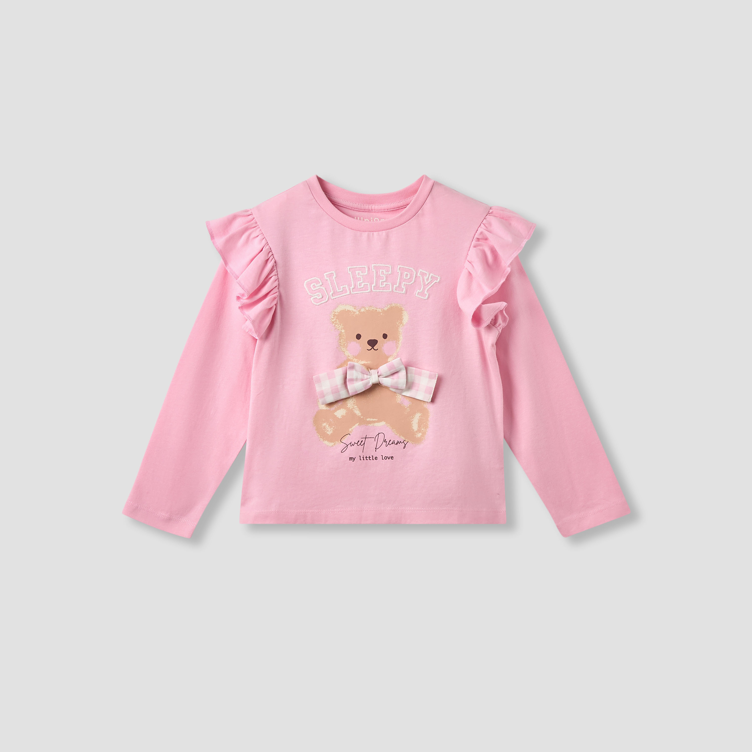 Juniors Cotton Round Neck Long Sleeves Pyjama Set with Teddy Bear Print-girls-clothing-nightwear-image-2