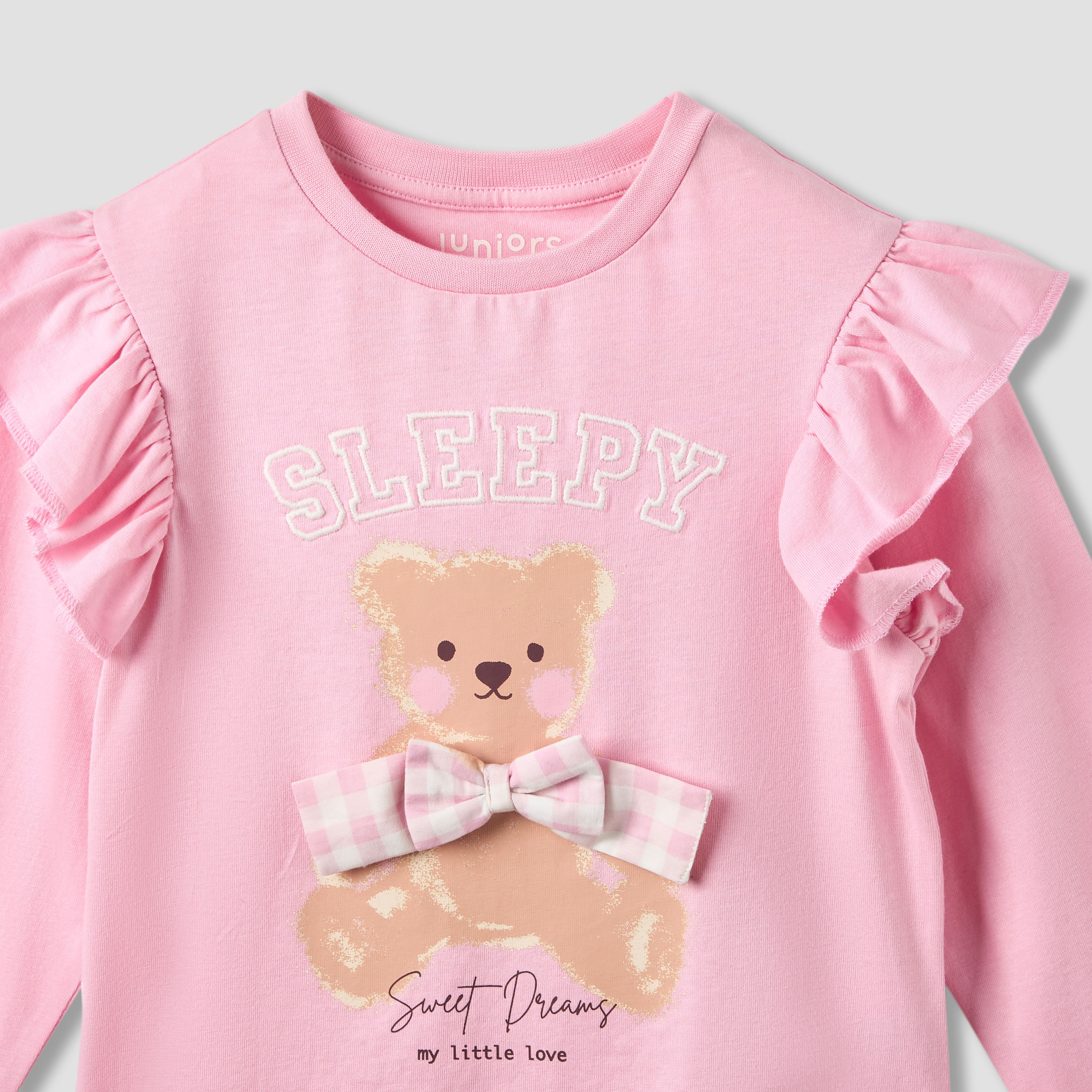 Juniors Cotton Round Neck Long Sleeves Pyjama Set with Teddy Bear Print-girls-clothing-nightwear-image-4