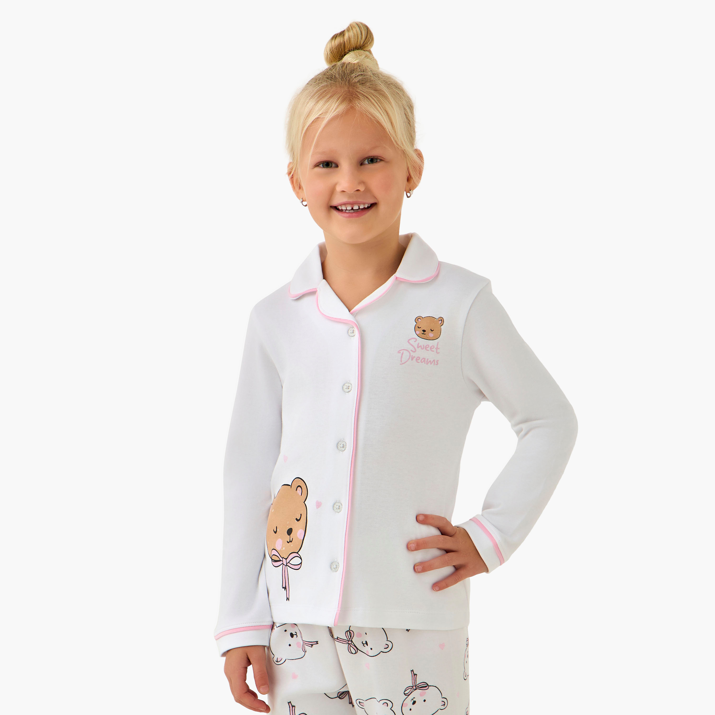 Juniors Cotton Collared Long Sleeves Pyjama Set with Bear Print-baby-girls-clothing-winterwear-pyjamasets-image-2