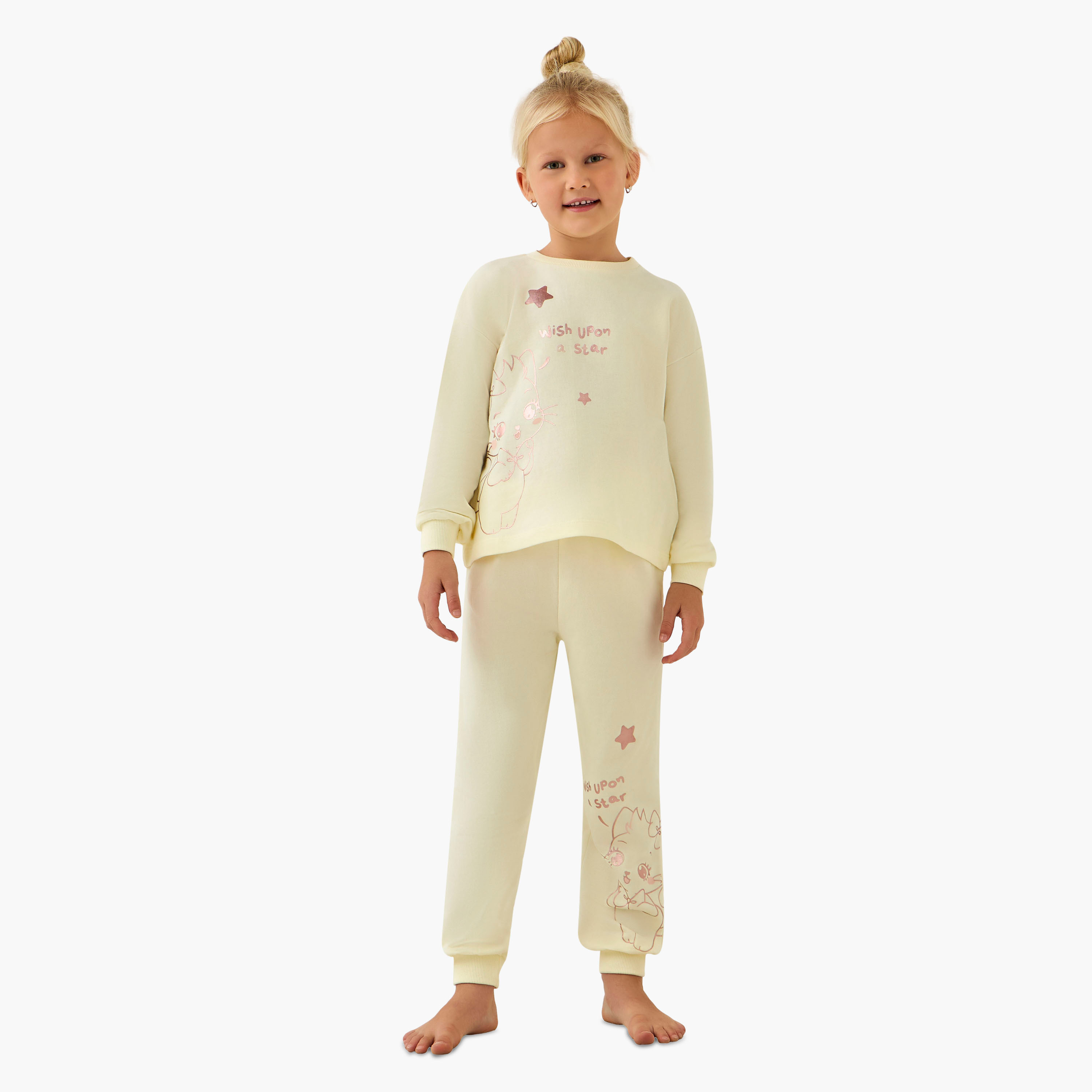 Juniors Cotton Crew Neck Long Sleeves Pyjama Set with Cat Print-baby-girls-clothing-winterwear-pyjamasets-image-1