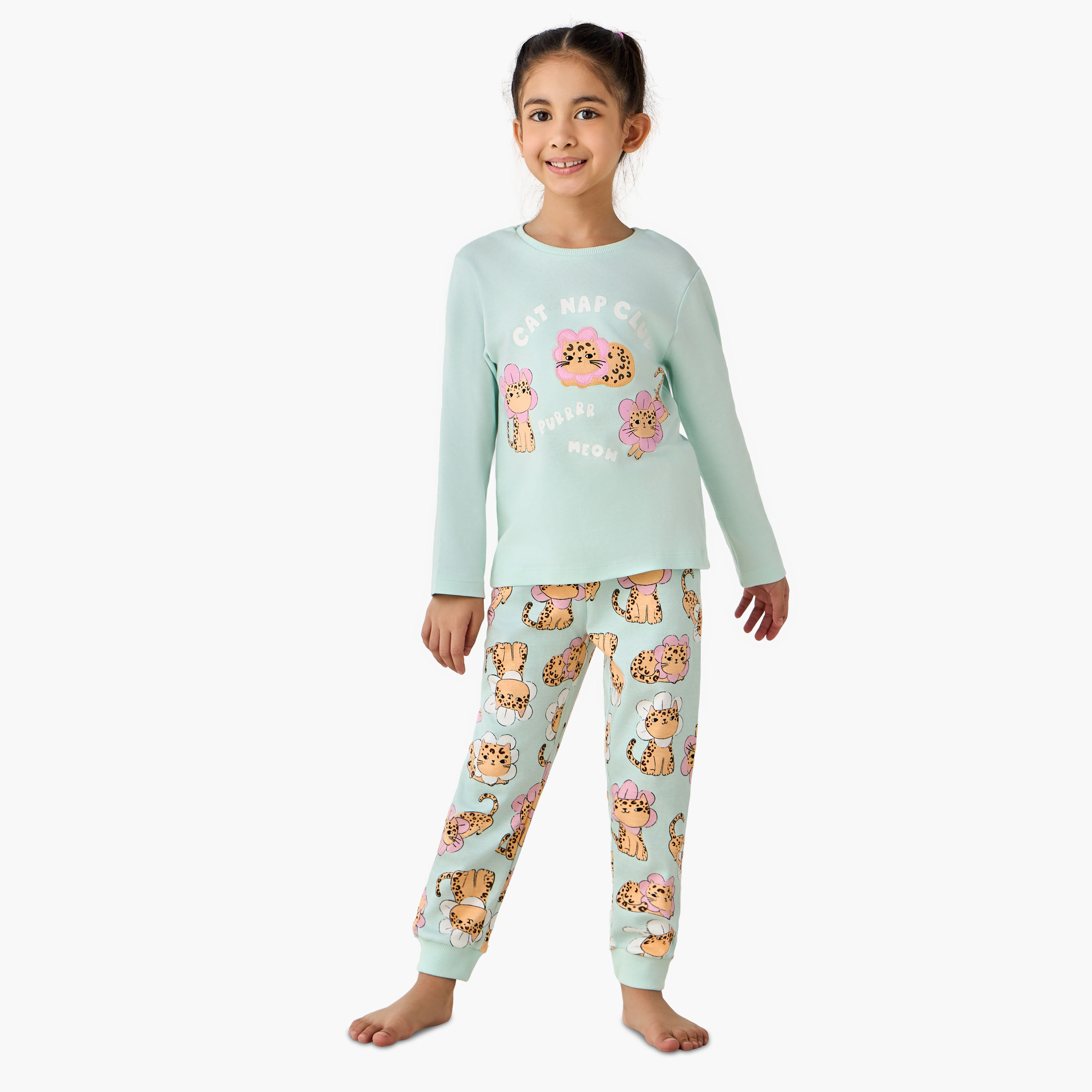 Juniors Cotton Crew Neck Long Sleeves Pyjama Set with Cat Print-baby-girls-clothing-winterwear-pyjamasets-image-1