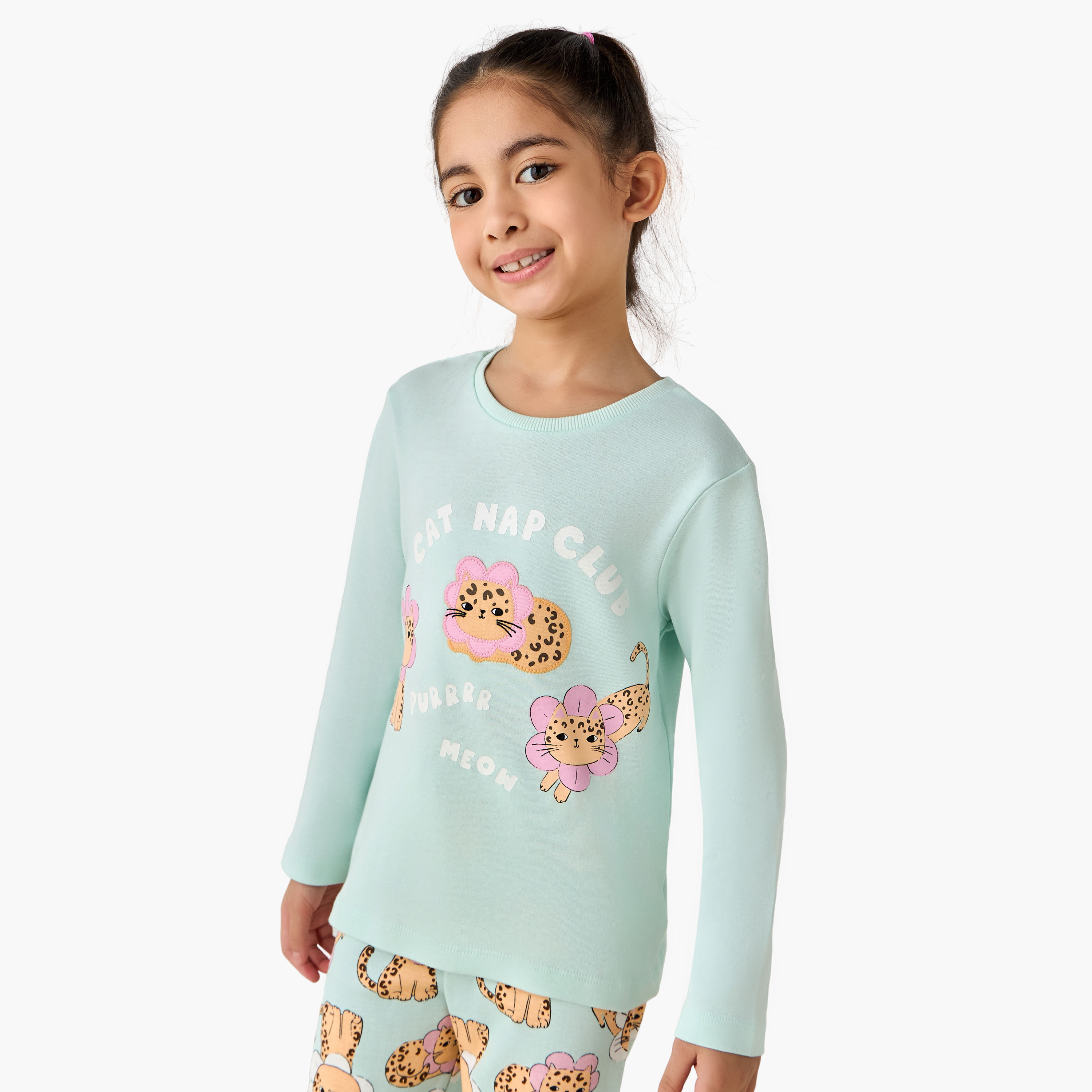 Juniors Cotton Crew Neck Long Sleeves Pyjama Set with Cat Print-baby-girls-clothing-winterwear-pyjamasets-image-2