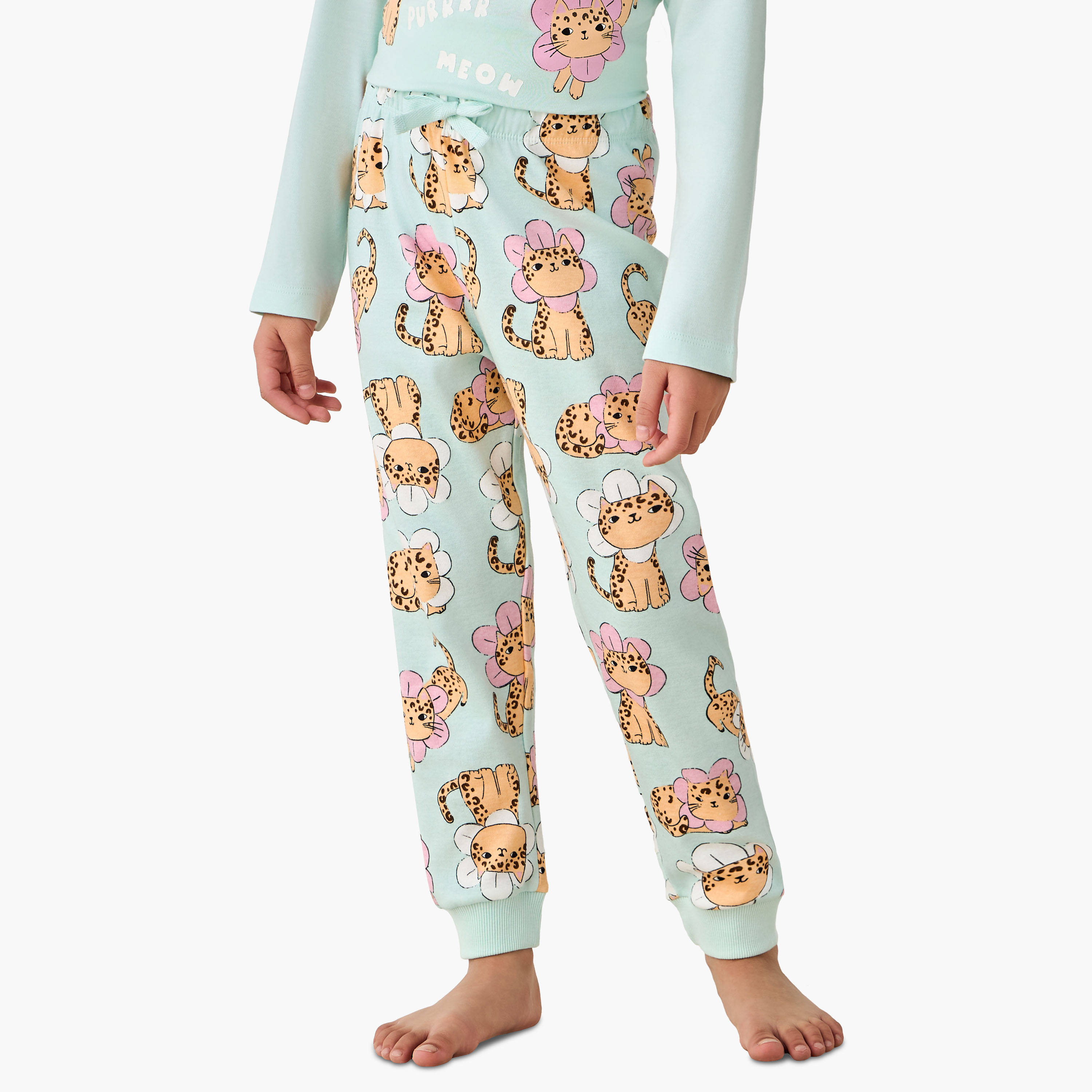 Juniors Cotton Crew Neck Long Sleeves Pyjama Set with Cat Print-baby-girls-clothing-winterwear-pyjamasets-image-3