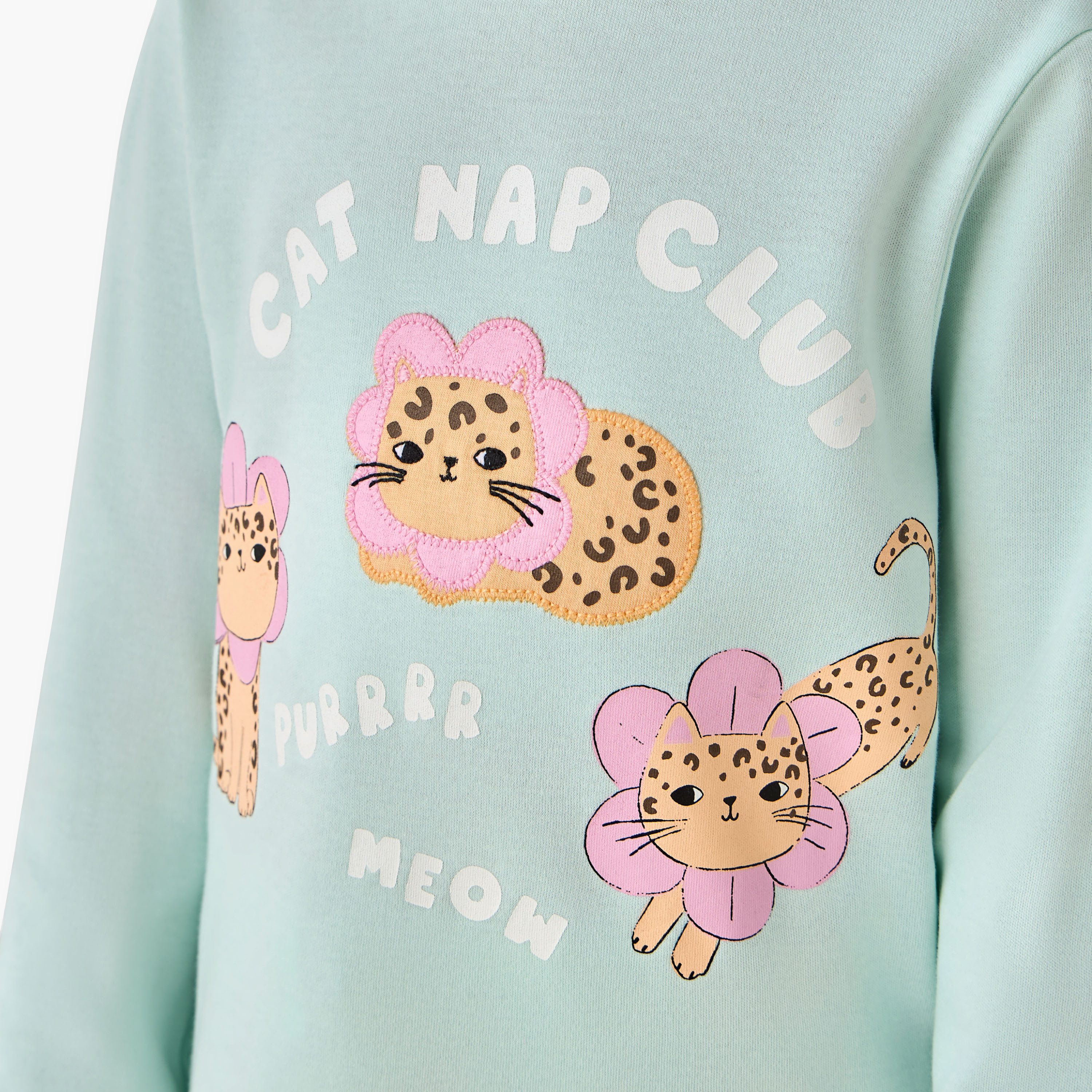 Juniors Cotton Crew Neck Long Sleeves Pyjama Set with Cat Print-baby-girls-clothing-winterwear-pyjamasets-image-5