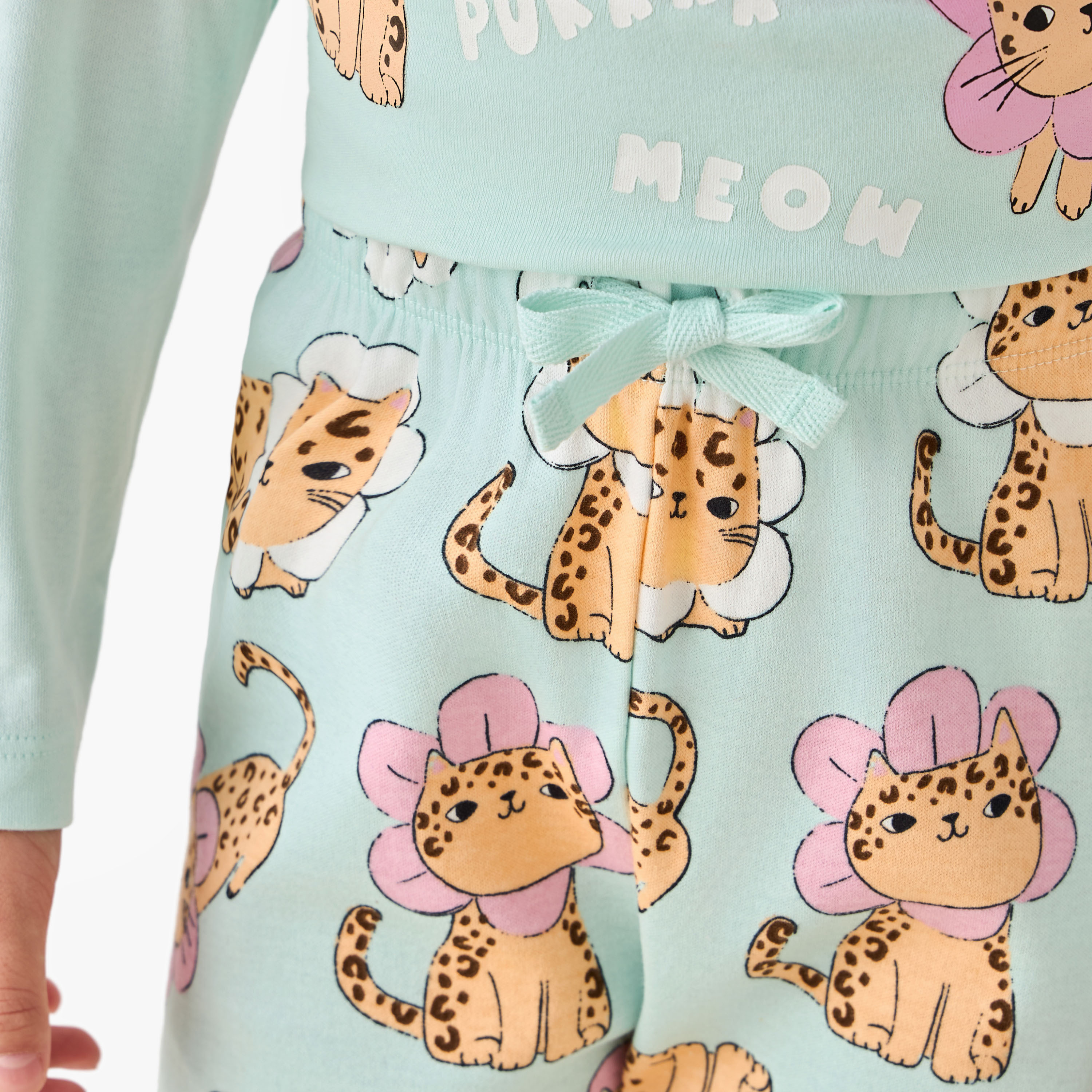 Juniors Cotton Crew Neck Long Sleeves Pyjama Set with Cat Print-baby-girls-clothing-winterwear-pyjamasets-image-6