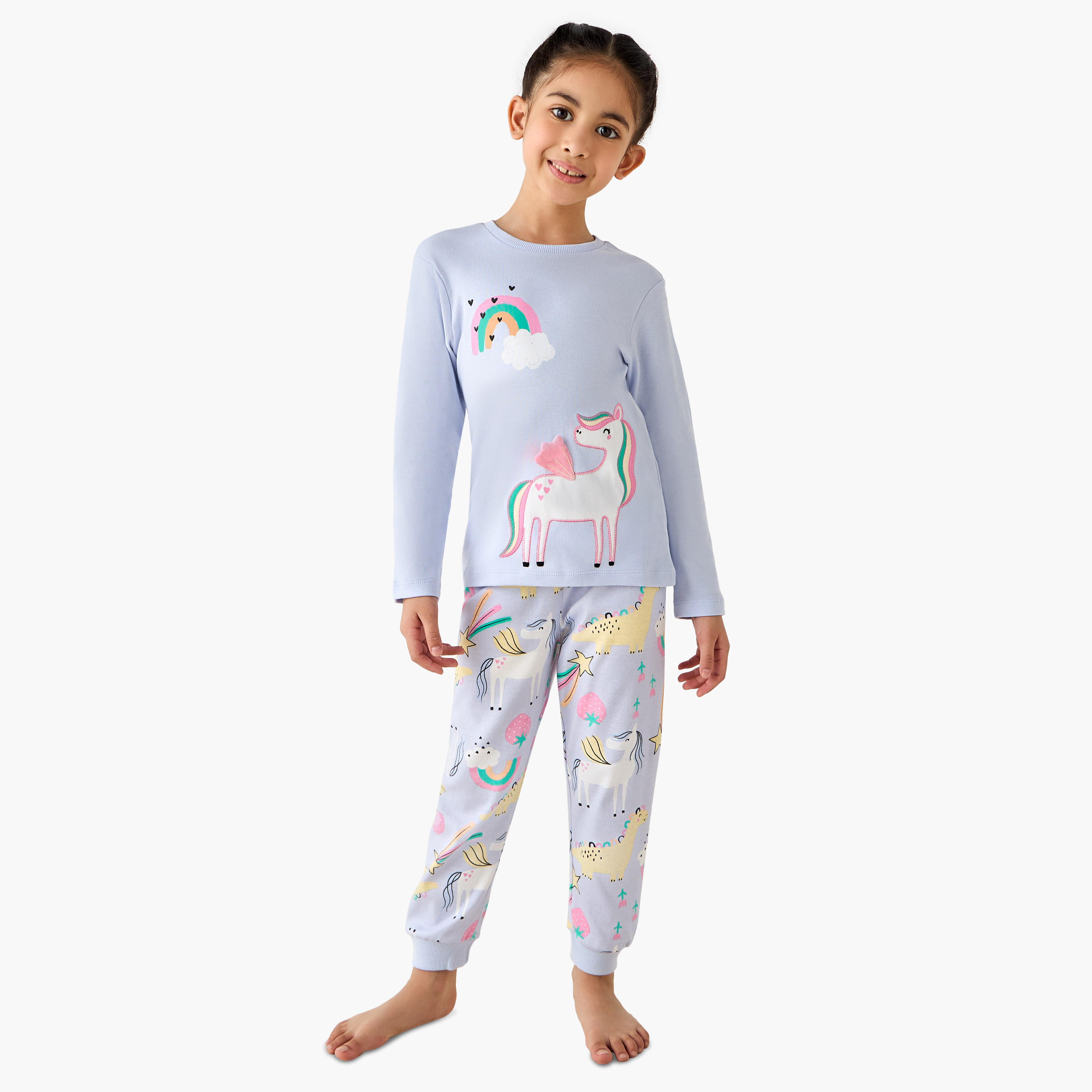 Juniors Cotton Round Neck Long Sleeve Pyjama Set with Unicorn Print-baby-girls-clothing-winterwear-pyjamasets-image-1